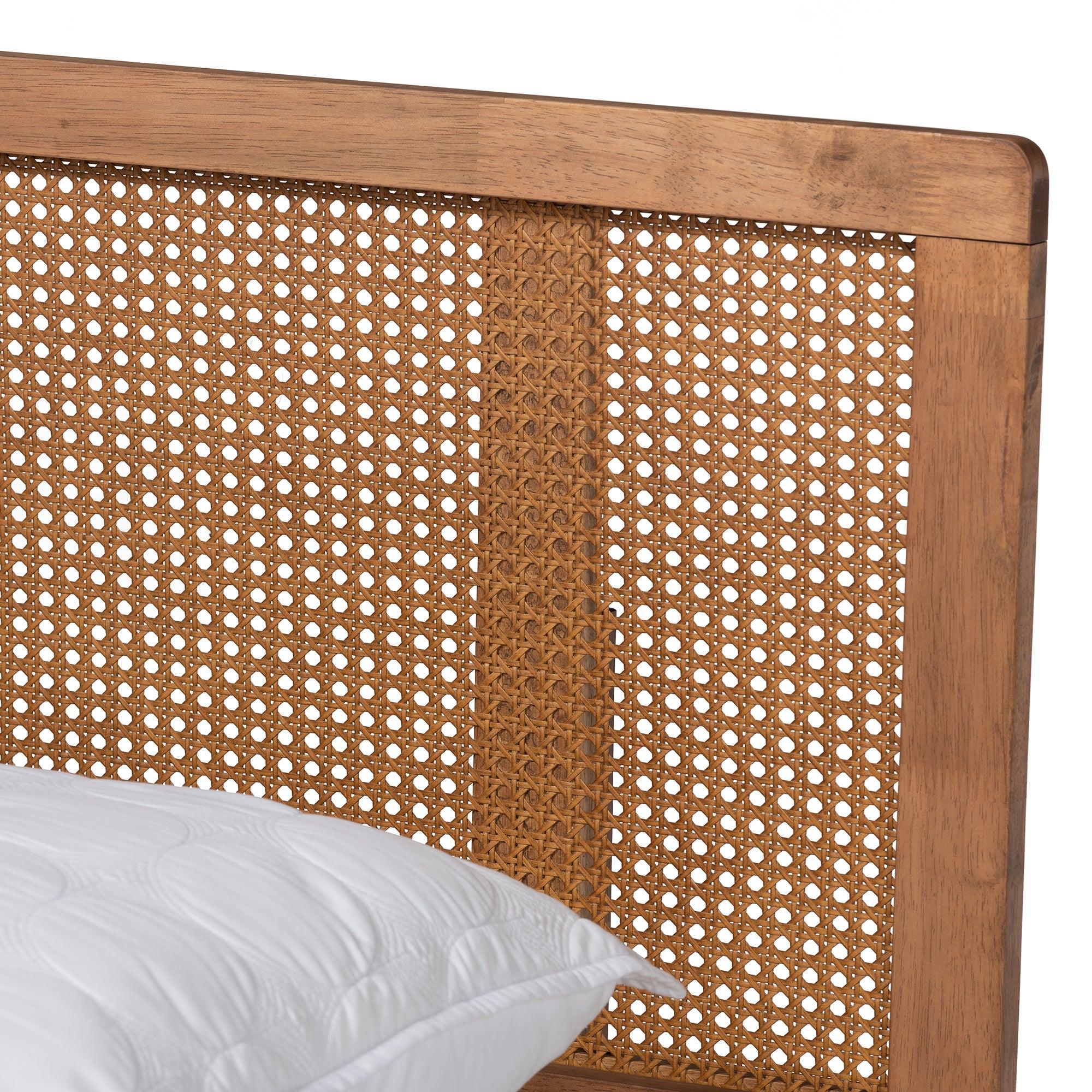 Romy Vintage French Inspired Ash Wanut Finished Wood and Synthetic Rattan Platform Bed