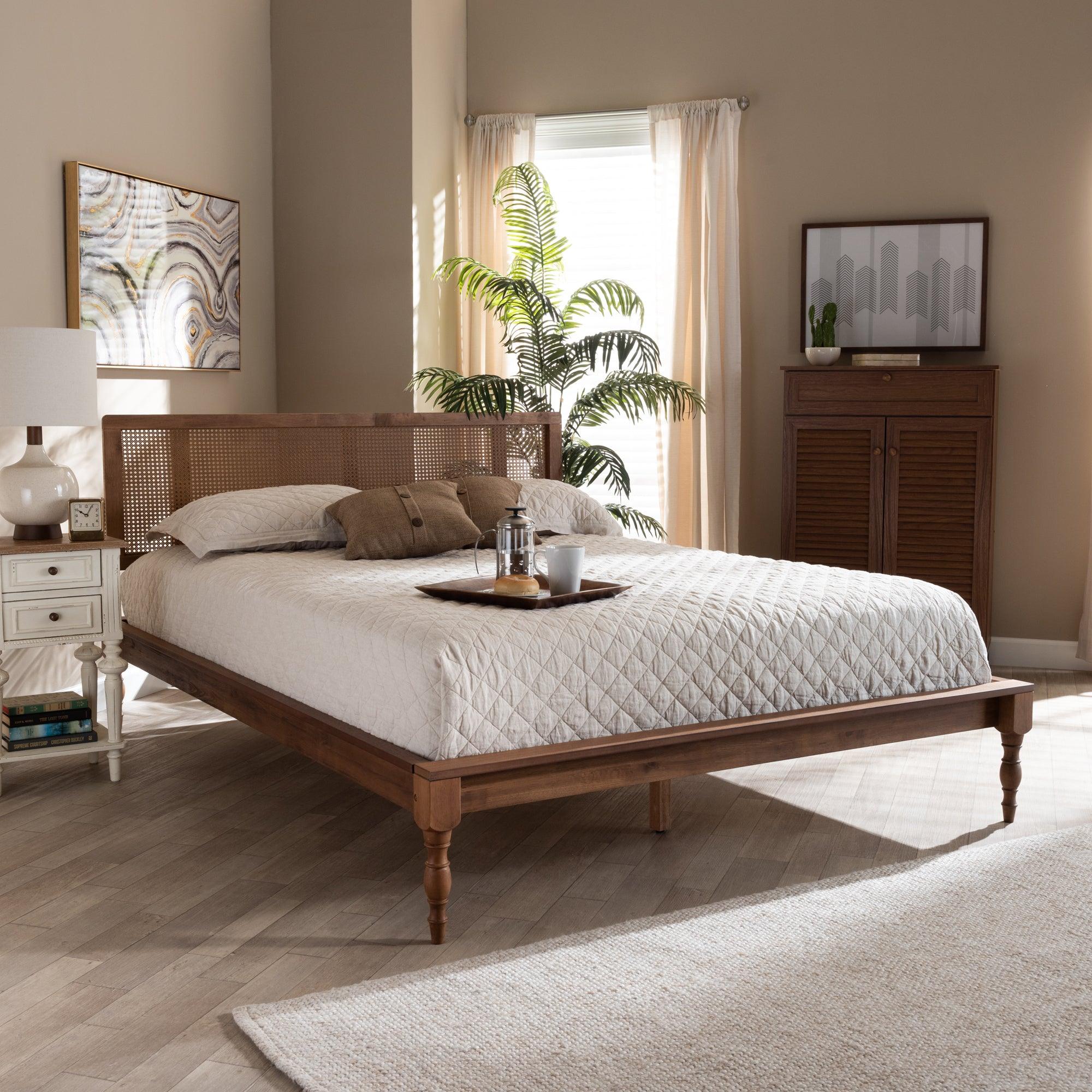 Romy Vintage French Inspired Ash Wanut Finished Wood and Synthetic Rattan Platform Bed