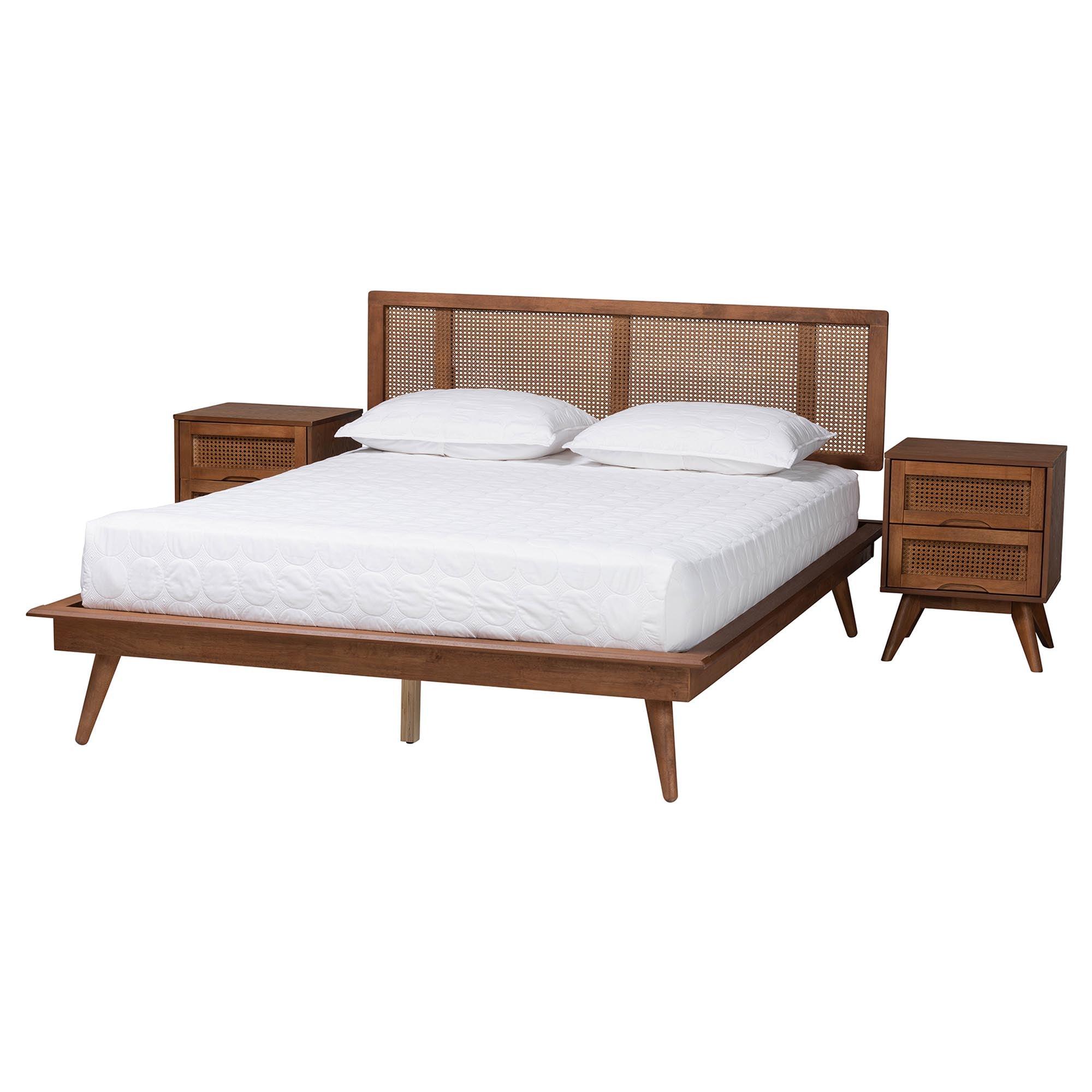 Nura Mid-Century Modern Finished Wood and Rattan 3-Piece Bedroom Set