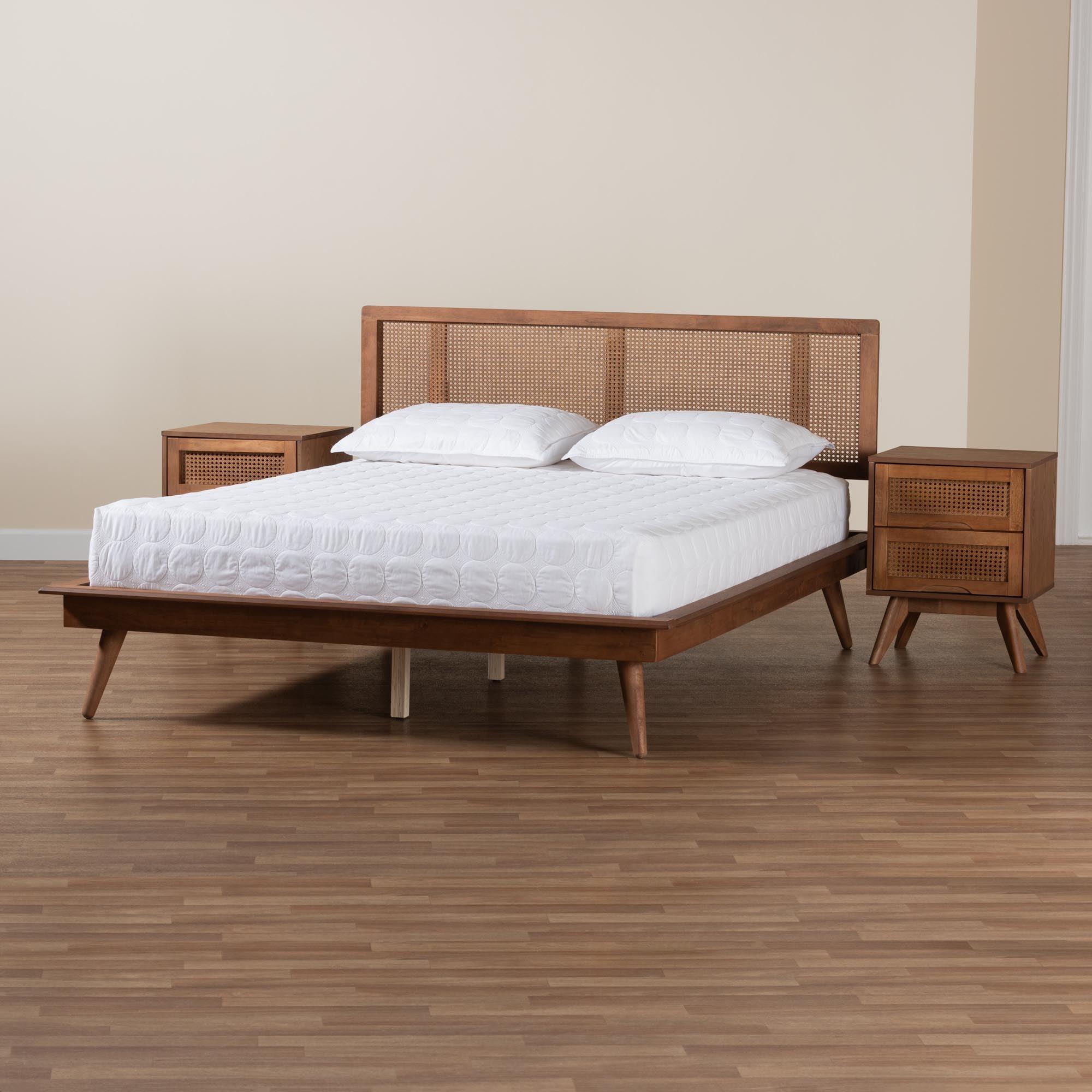 Nura Mid-Century Modern Finished Wood and Rattan 3-Piece Bedroom Set