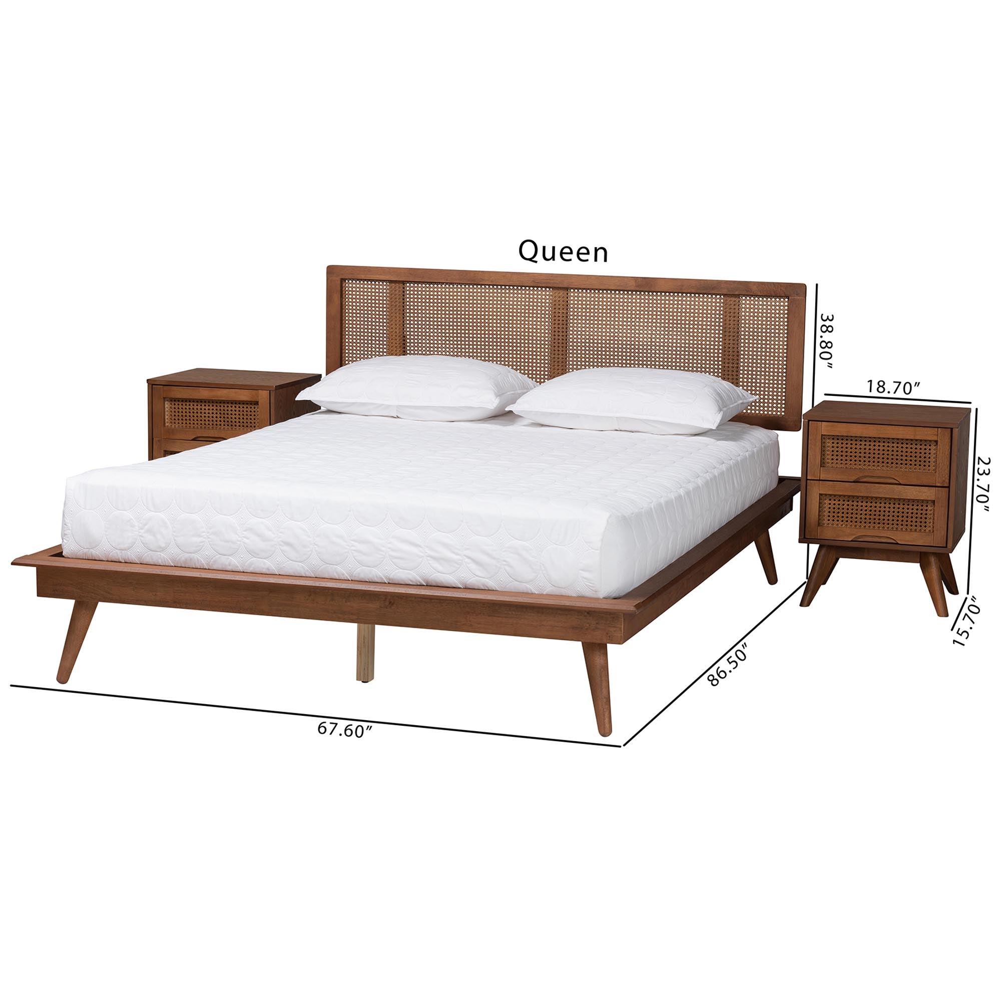 Nura Mid-Century Modern Finished Wood and Rattan 3-Piece Bedroom Set