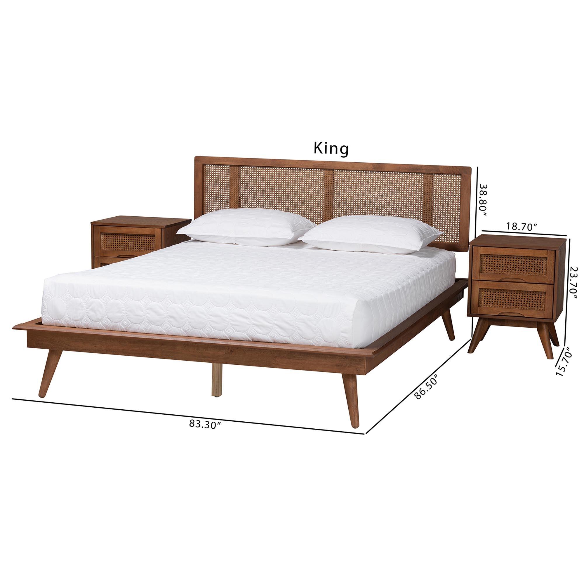 Nura Mid-Century Modern Finished Wood and Rattan 3-Piece Bedroom Set