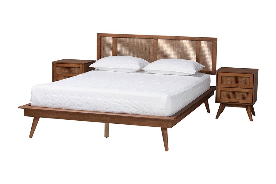 Nura Mid-Century Modern Finished Wood and Rattan 3-Piece Bedroom Set