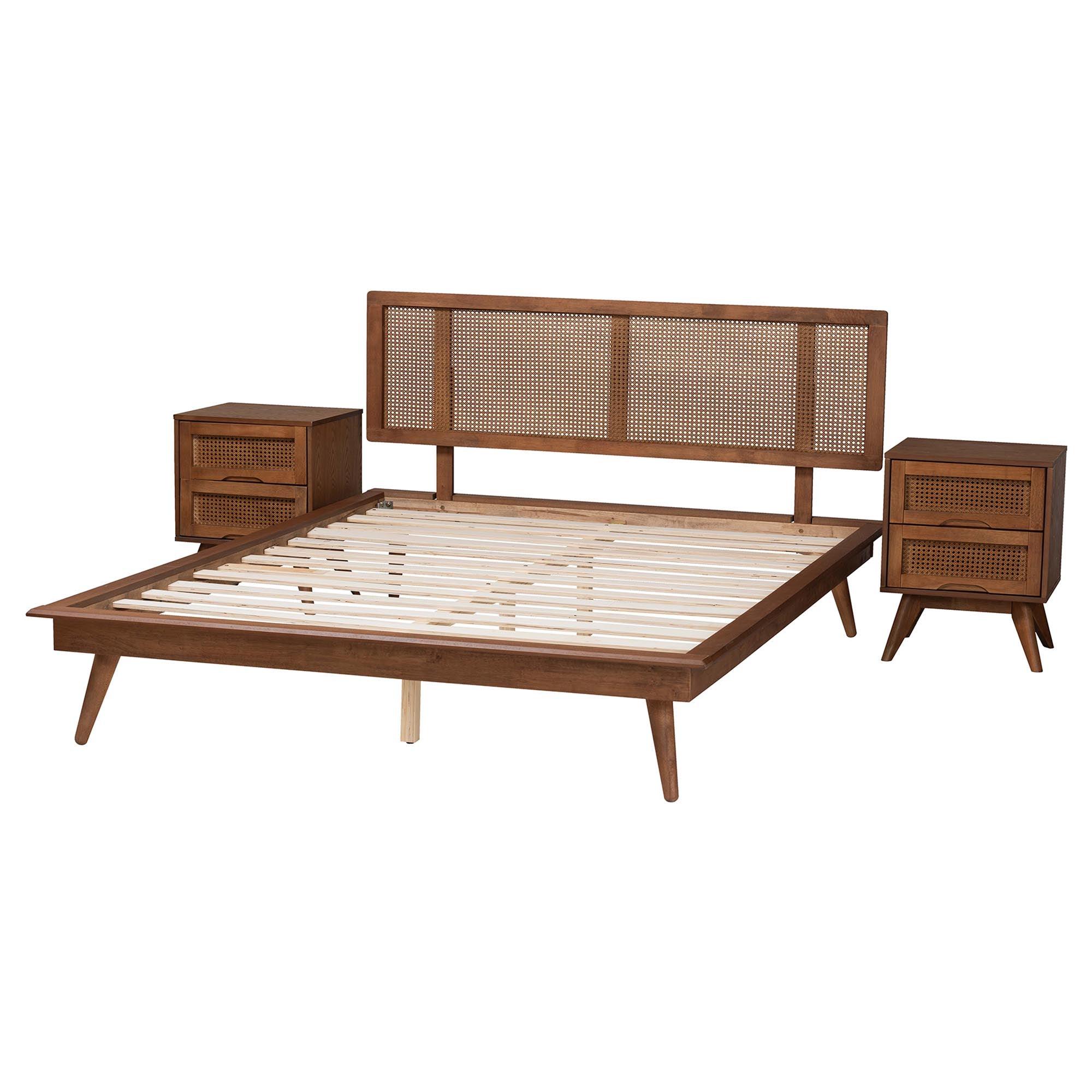 Nura Mid-Century Modern Finished Wood and Rattan 3-Piece Bedroom Set