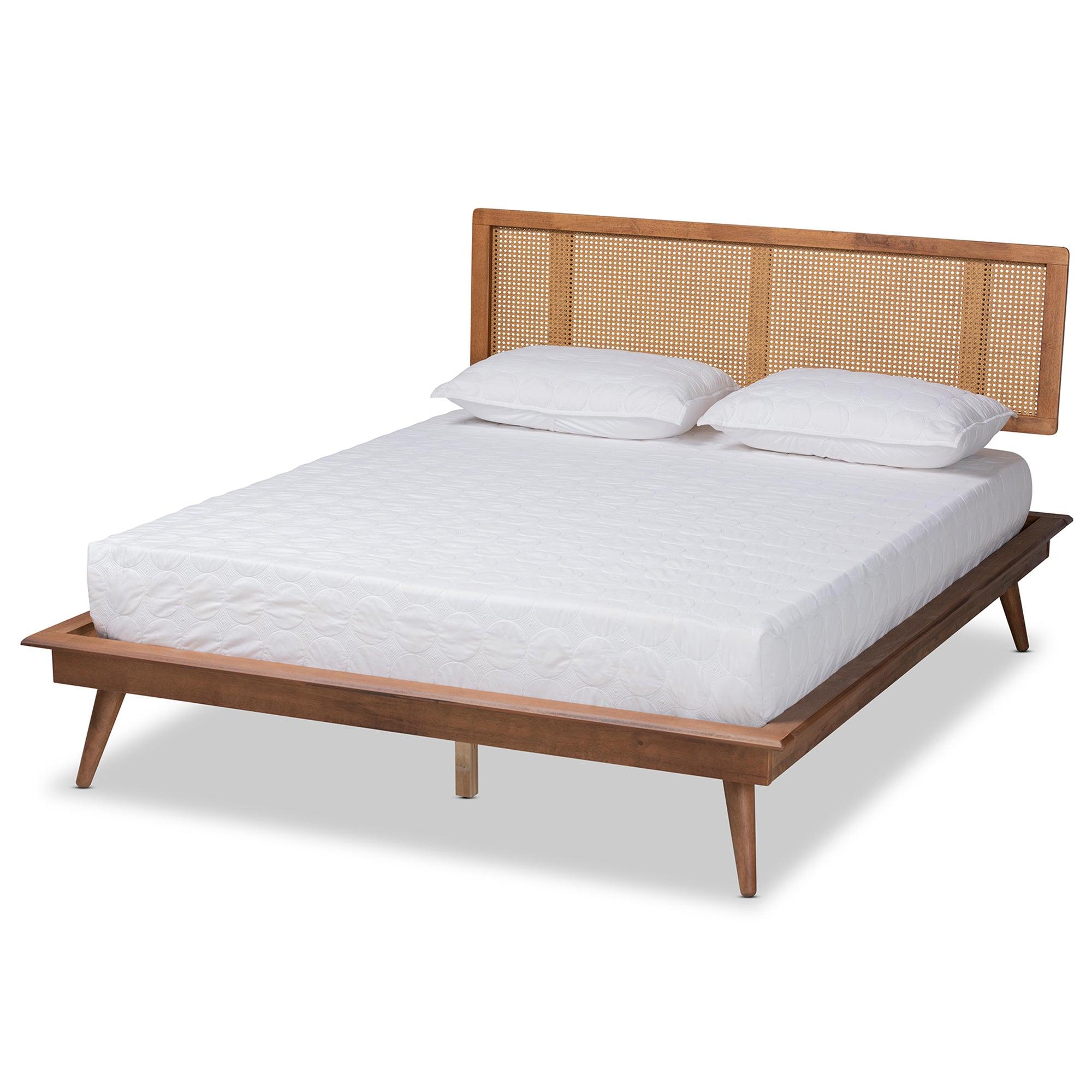 Nura Mid-Century Modern Finished Wood and Synthetic Rattan Platform Bed