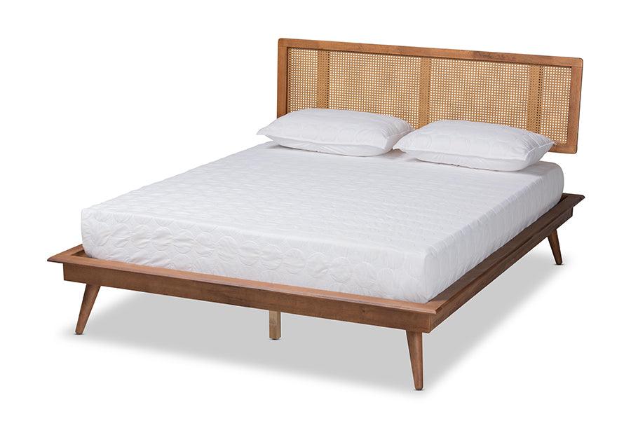 Nura Mid-Century Modern Finished Wood and Synthetic Rattan Platform Bed