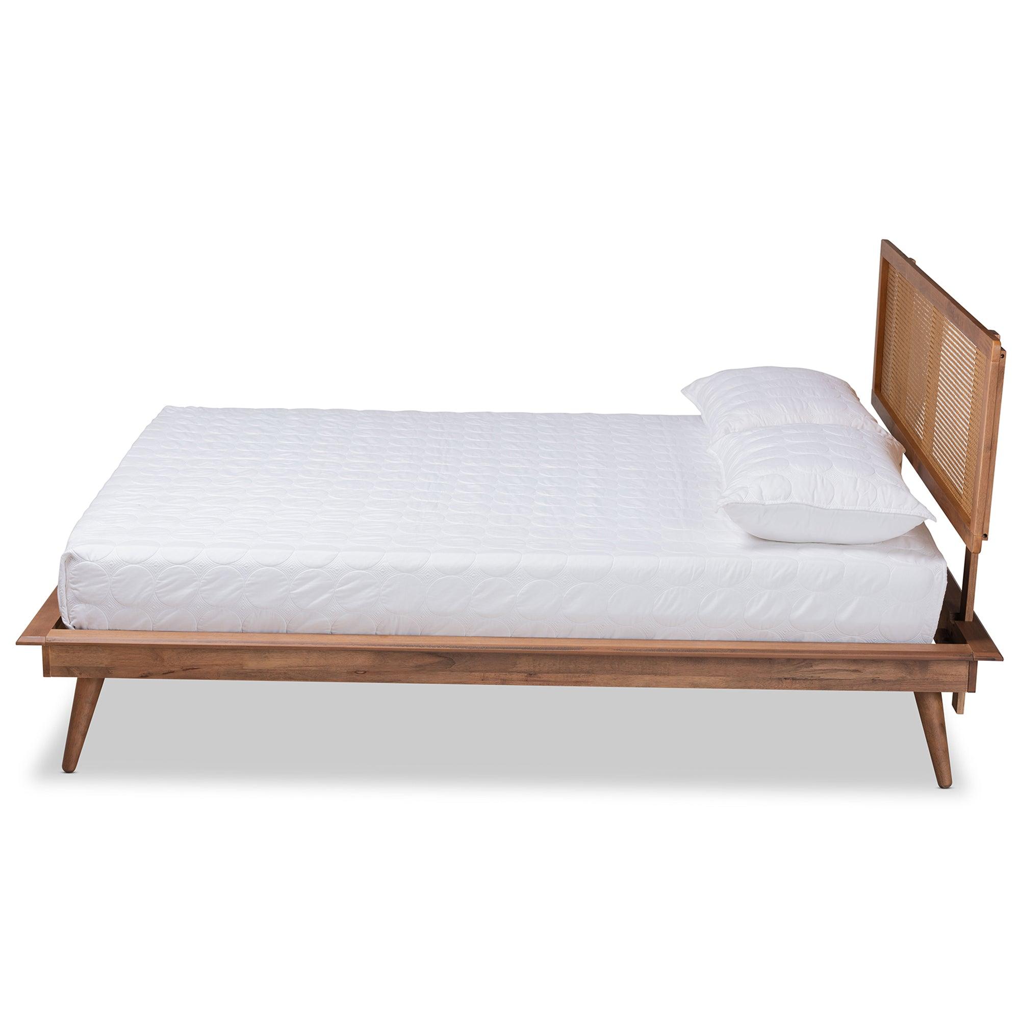 Nura Mid-Century Modern Finished Wood and Synthetic Rattan Platform Bed