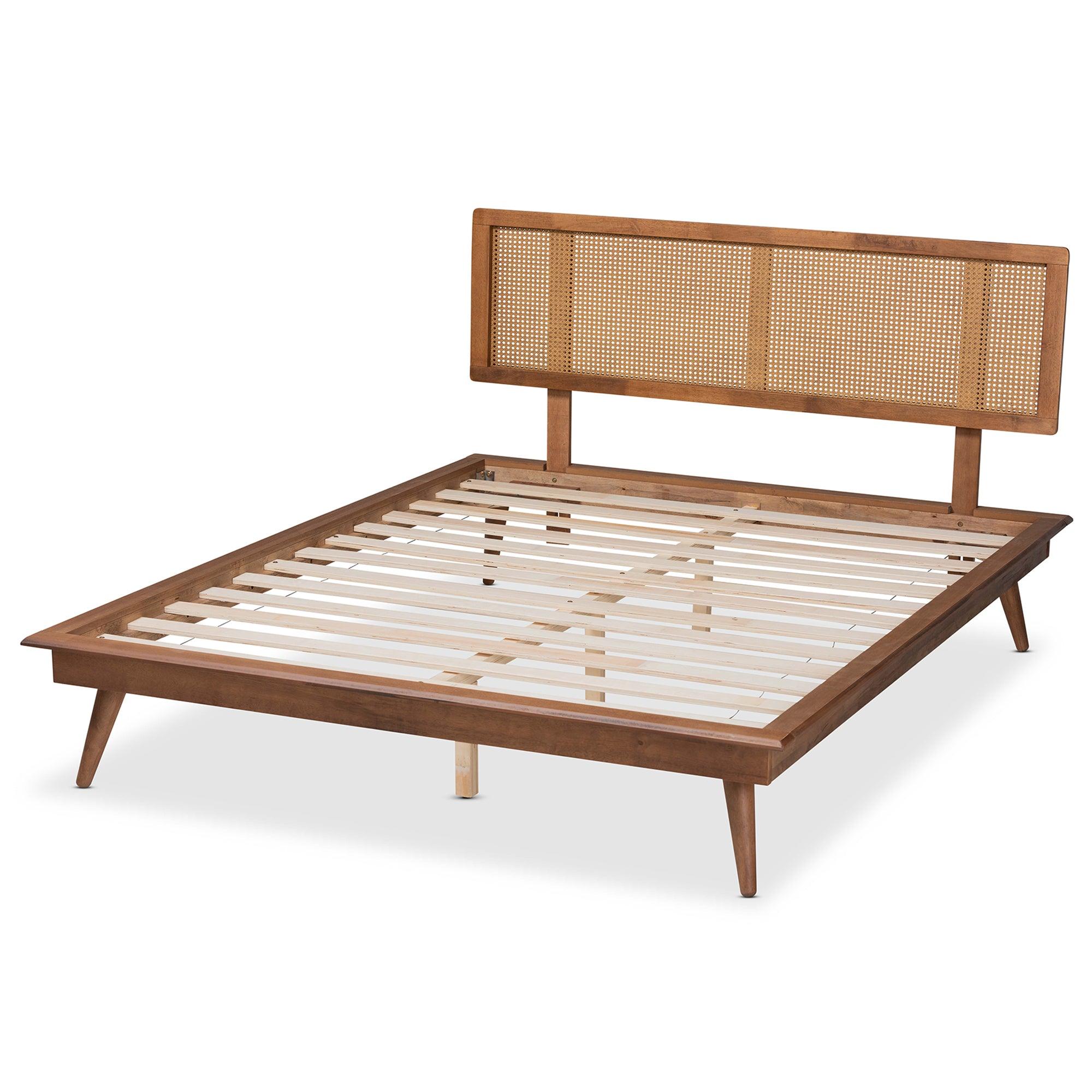 Nura Mid-Century Modern Finished Wood and Synthetic Rattan Platform Bed