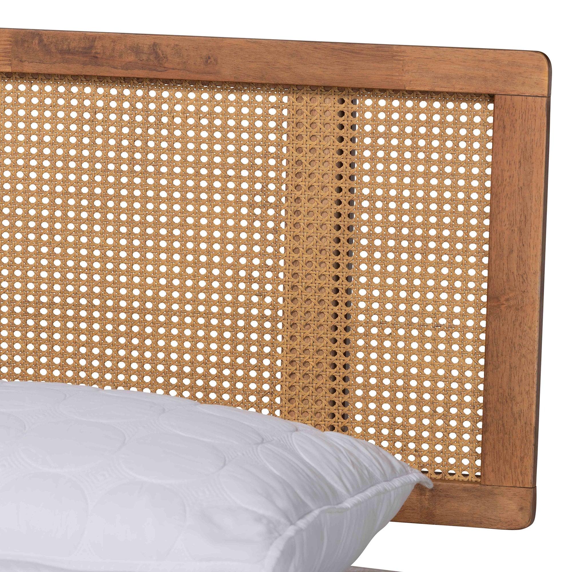 Nura Mid-Century Modern Finished Wood and Synthetic Rattan Platform Bed