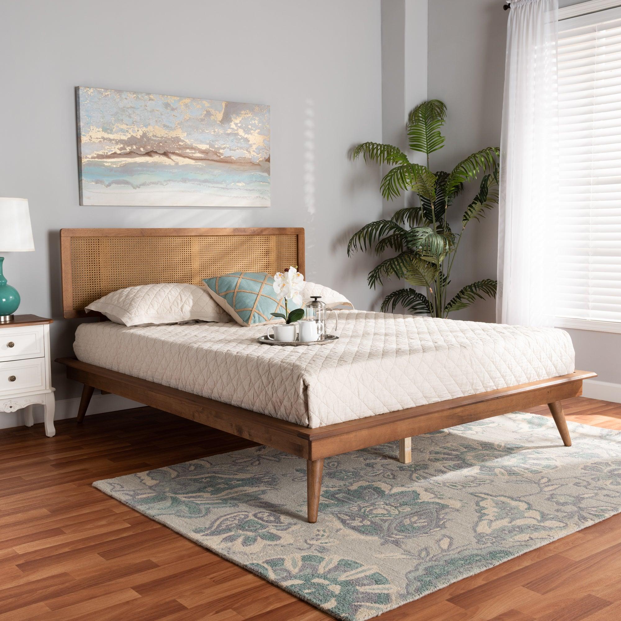 Nura Mid-Century Modern Finished Wood and Synthetic Rattan Platform Bed