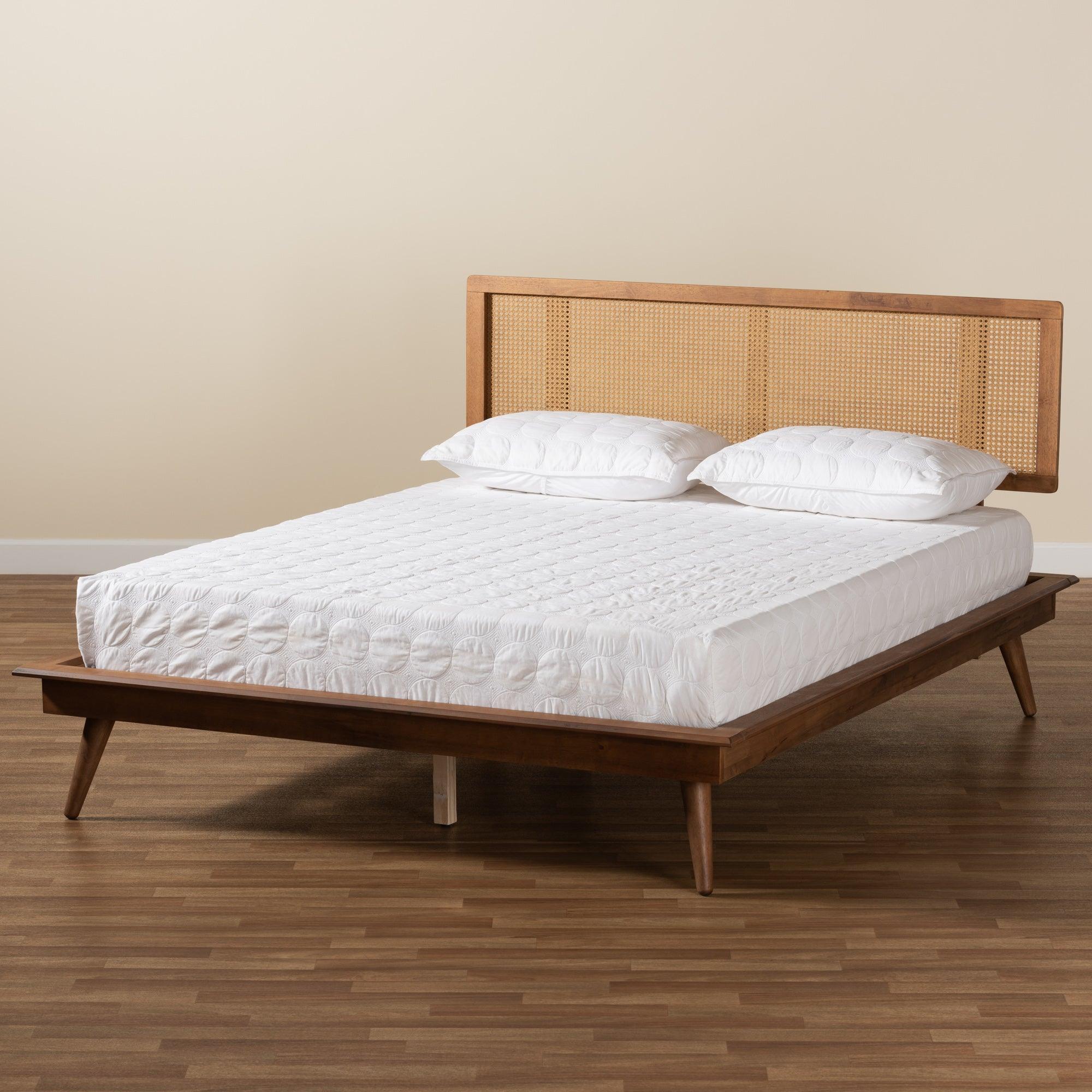 Nura Mid-Century Modern Finished Wood and Synthetic Rattan Platform Bed