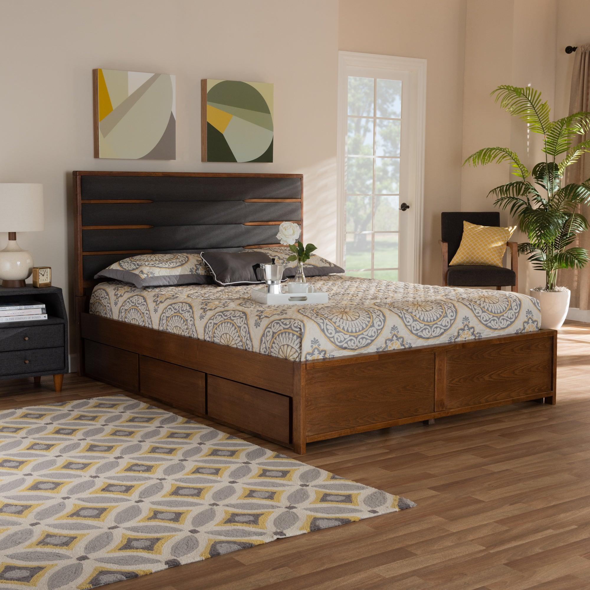 Elin Modern and Contemporary Dark Fabric Upholstered Finished Wood Platform Storage Bed with Six Drawers