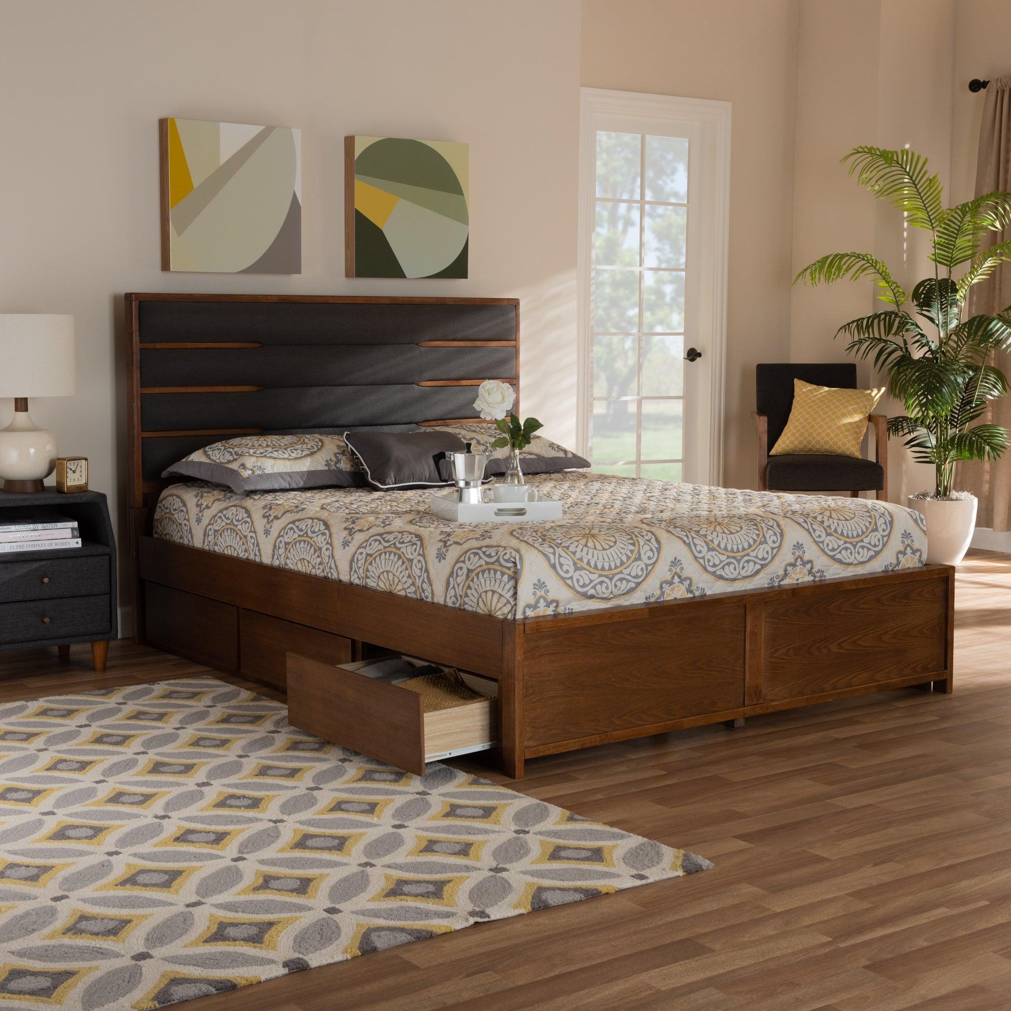 Elin Modern and Contemporary Dark Fabric Upholstered Finished Wood Platform Storage Bed with Six Drawers