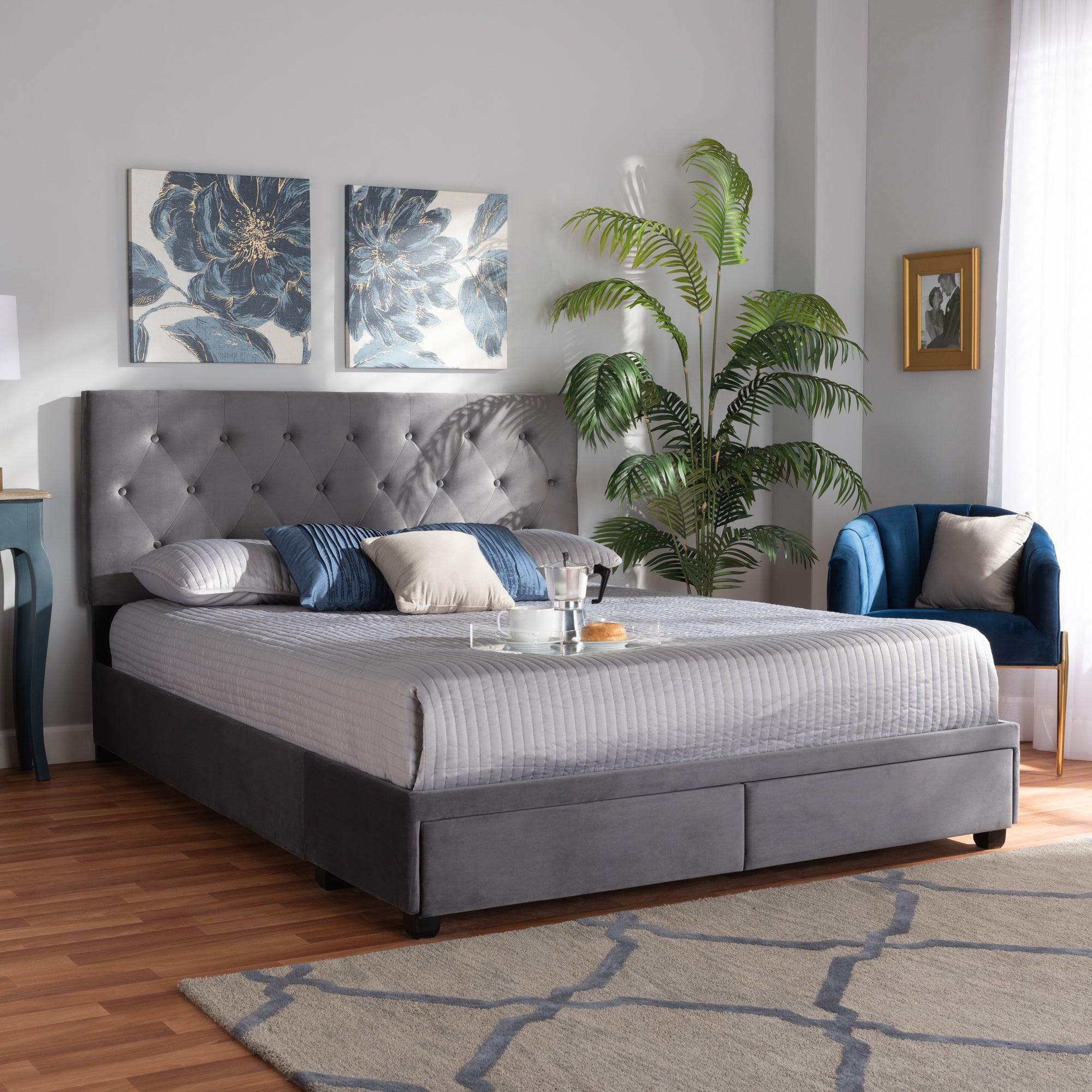 Caronia Modern and Contemporary Velvet Fabric Upholstered 2-Drawer Platform Storage Bed