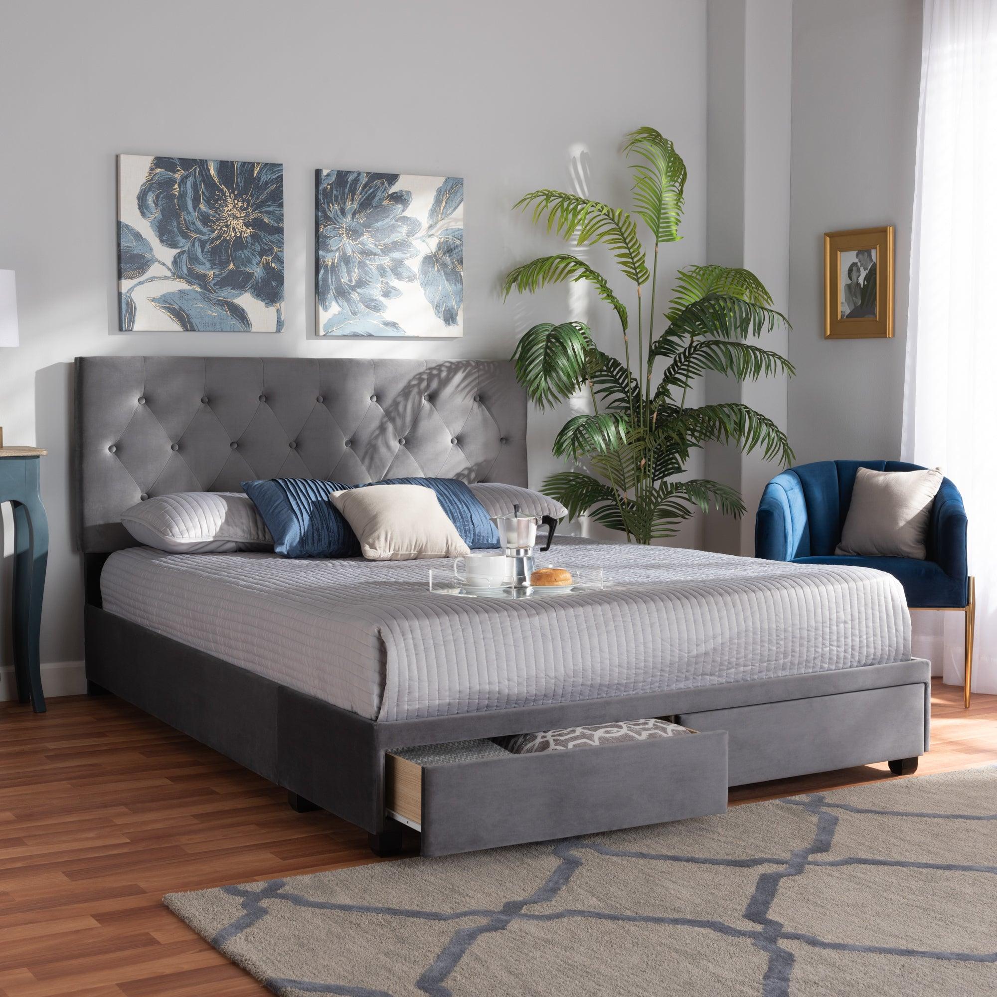 Caronia Modern and Contemporary Velvet Fabric Upholstered 2-Drawer Platform Storage Bed