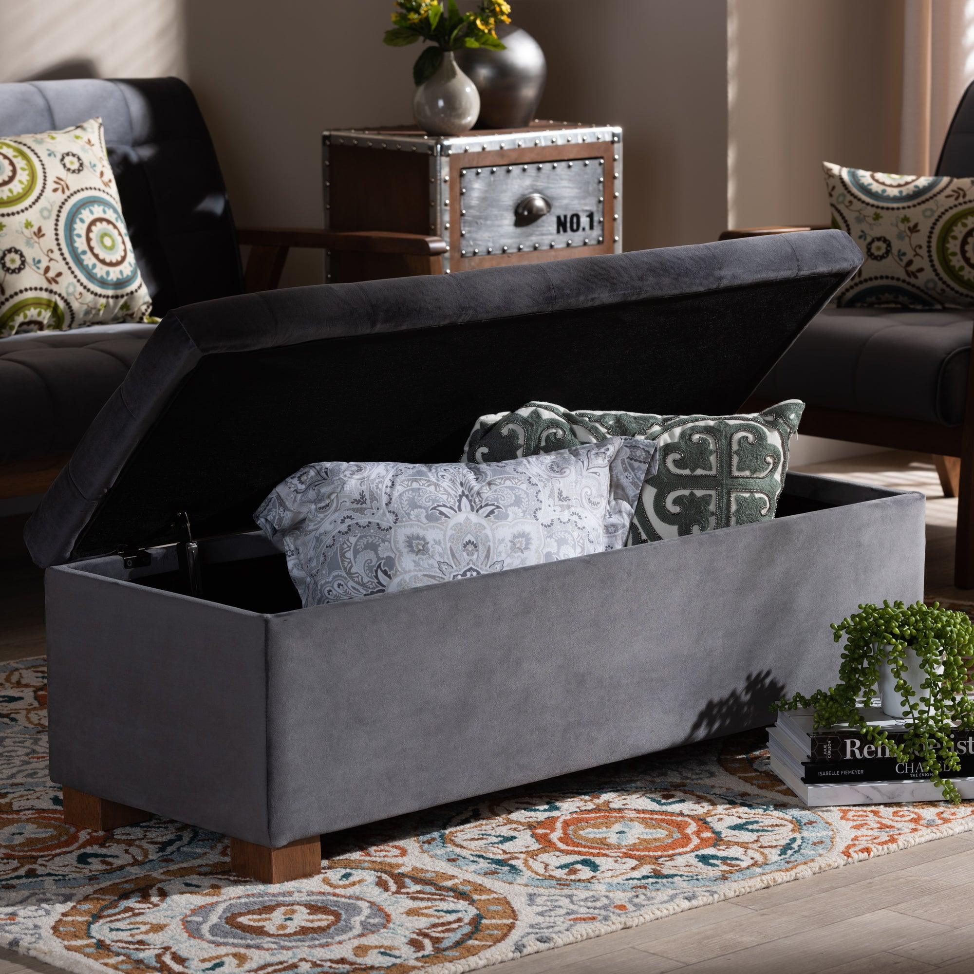 Roanoke Modern and Contemporary Velvet Fabric Upholstered Grid-Tufted Storage Ottoman Bench