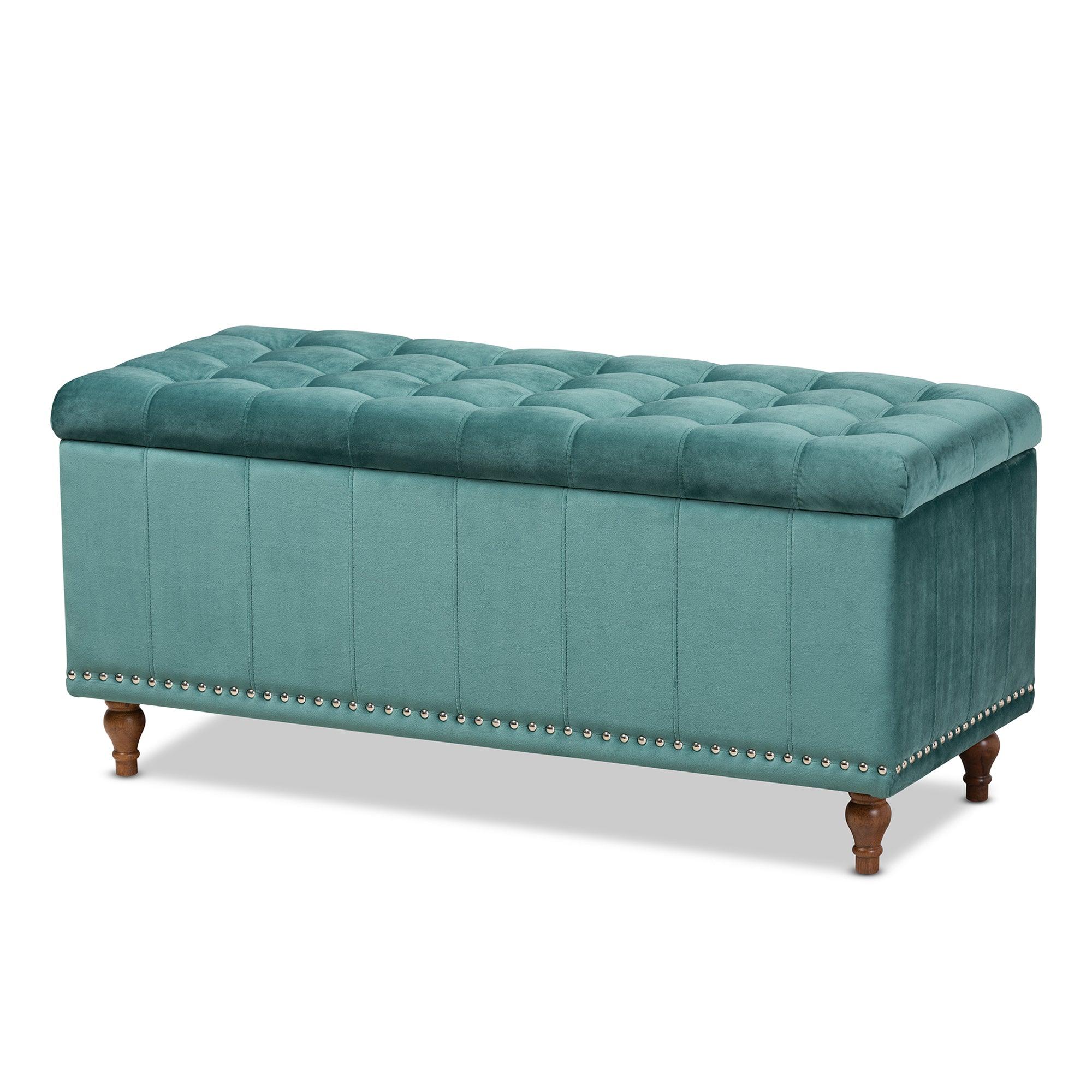 Kaylee Modern and Contemporary Teal Velvet Fabric Upholstered Button-Tufted Storage Ottoman Bench