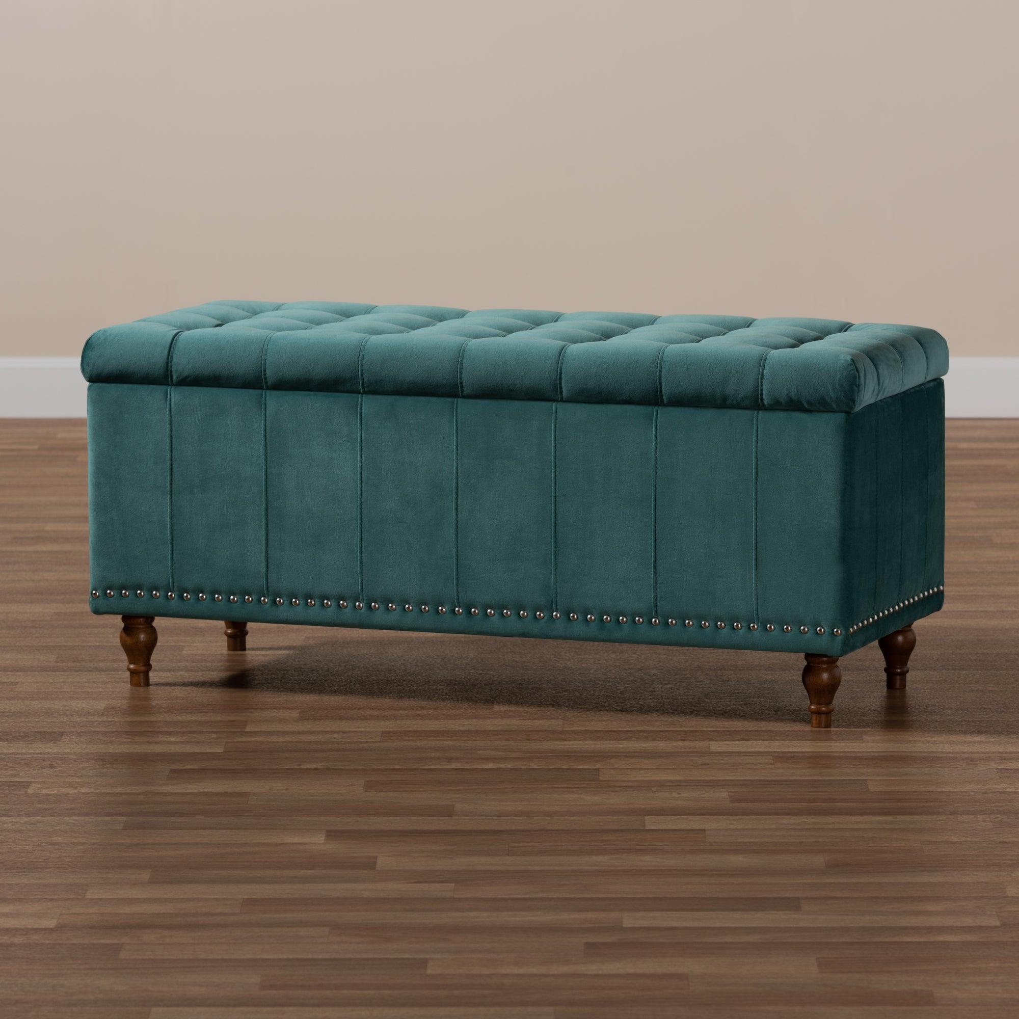 Kaylee Modern and Contemporary Teal Velvet Fabric Upholstered Button-Tufted Storage Ottoman Bench