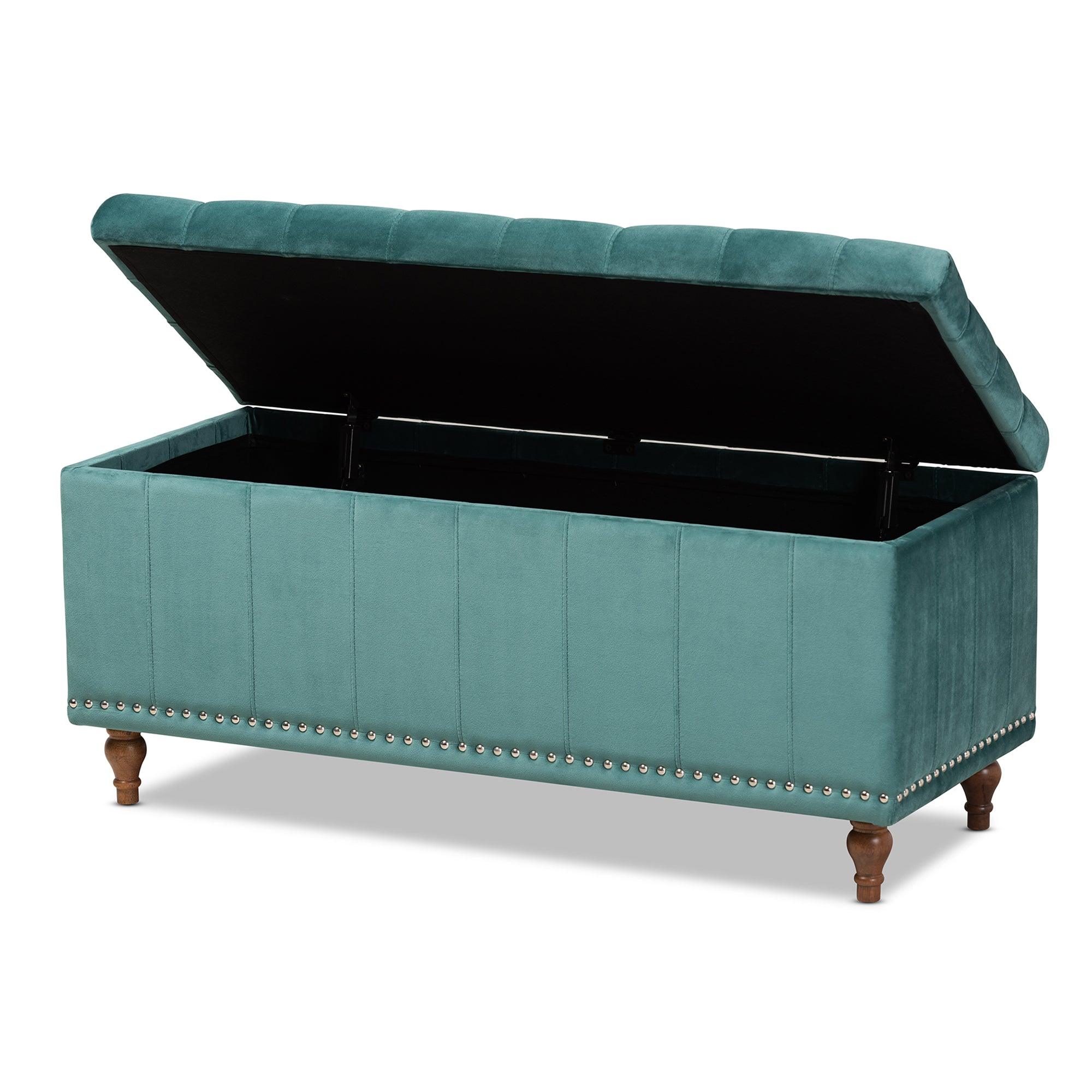 Kaylee Modern and Contemporary Teal Velvet Fabric Upholstered Button-Tufted Storage Ottoman Bench