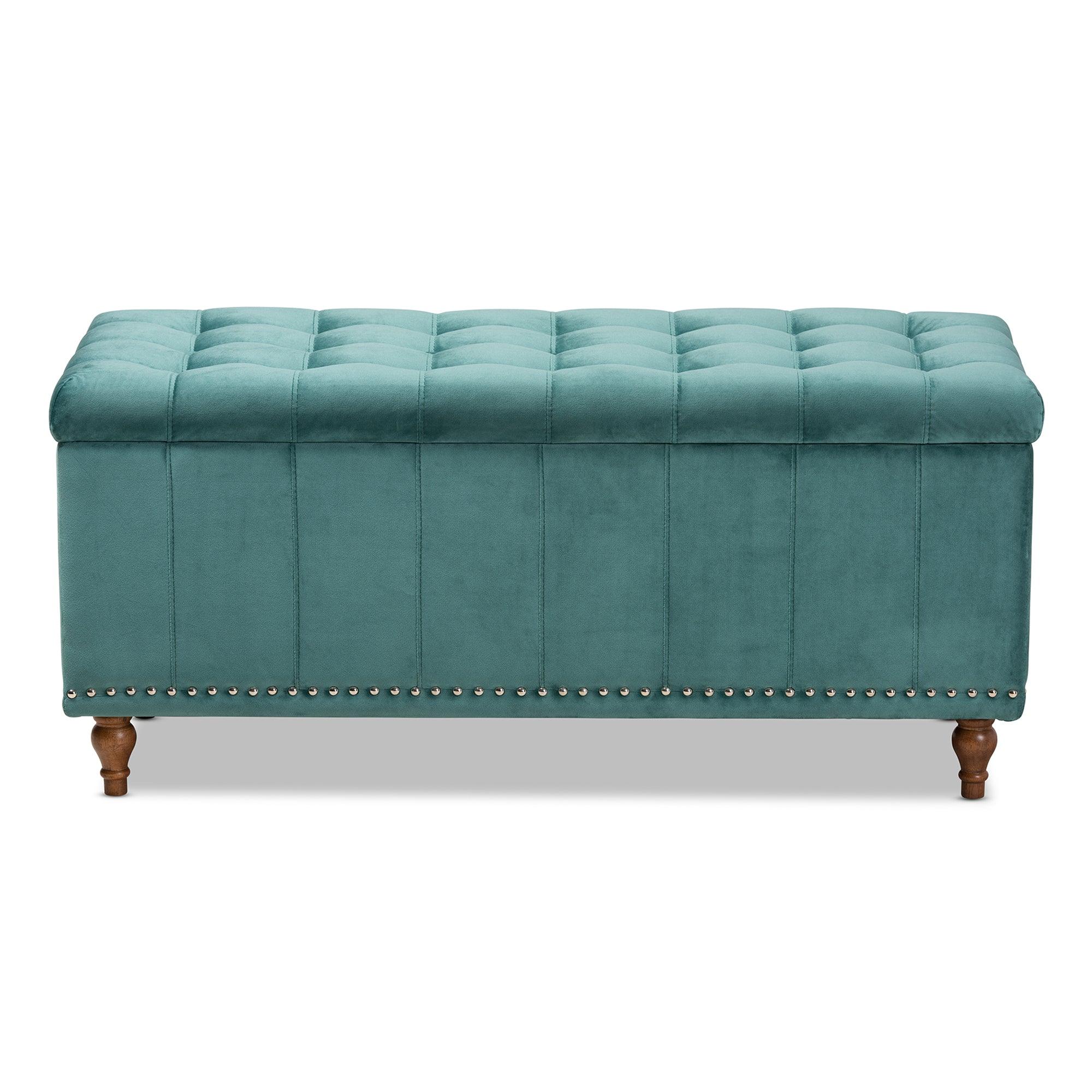 Kaylee Modern and Contemporary Teal Velvet Fabric Upholstered Button-Tufted Storage Ottoman Bench