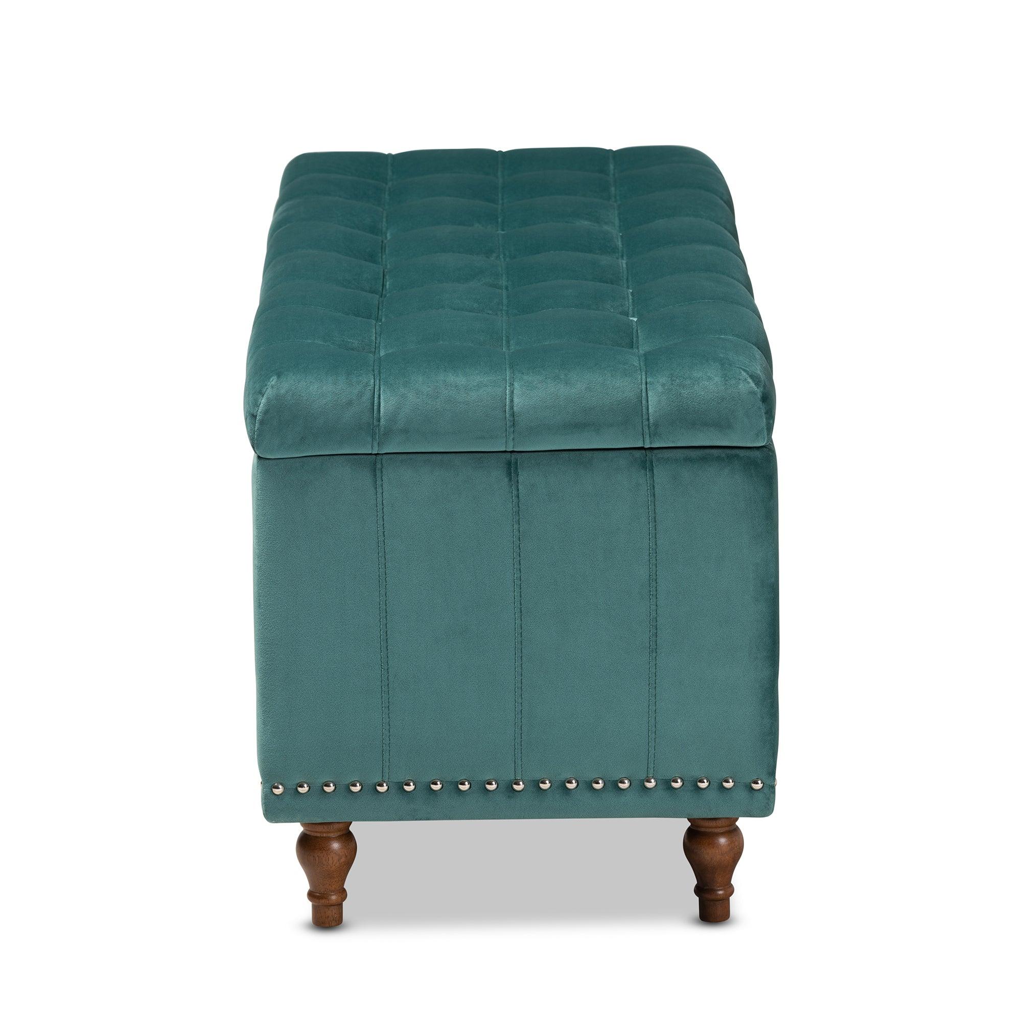 Kaylee Modern and Contemporary Teal Velvet Fabric Upholstered Button-Tufted Storage Ottoman Bench