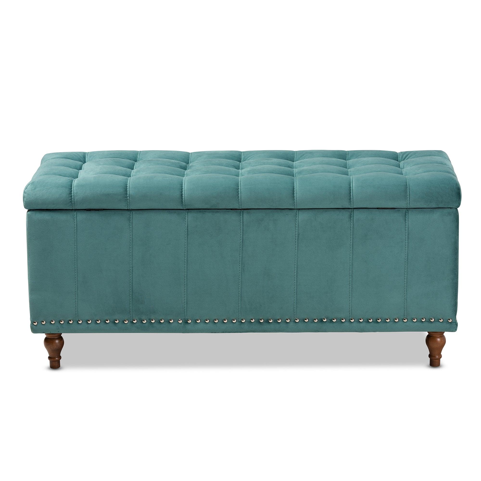 Kaylee Modern and Contemporary Teal Velvet Fabric Upholstered Button-Tufted Storage Ottoman Bench