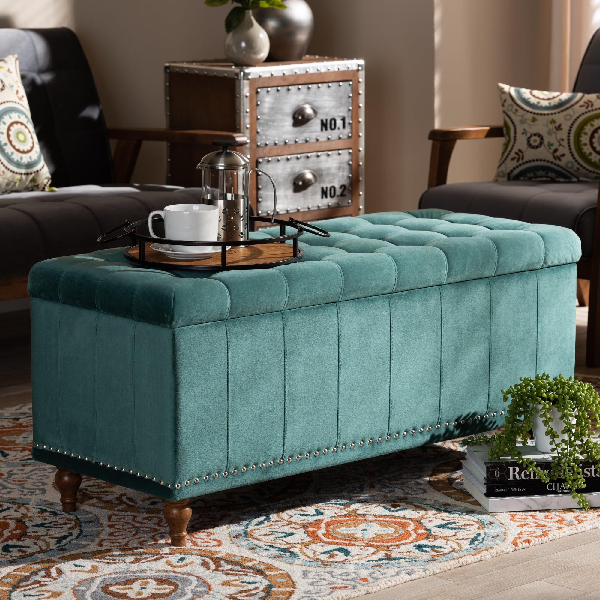 Kaylee Modern and Contemporary Teal Velvet Fabric Upholstered Button-Tufted Storage Ottoman Bench