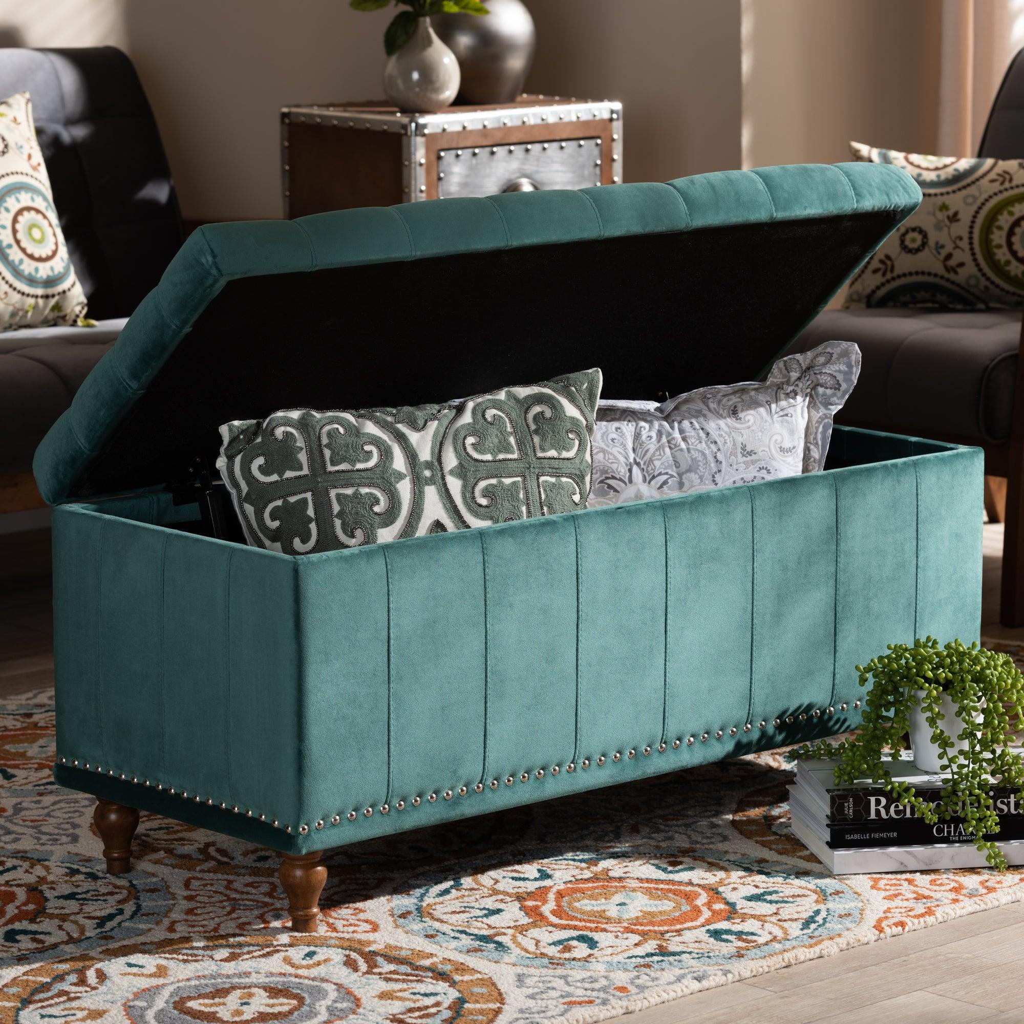 Kaylee Modern and Contemporary Teal Velvet Fabric Upholstered Button-Tufted Storage Ottoman Bench