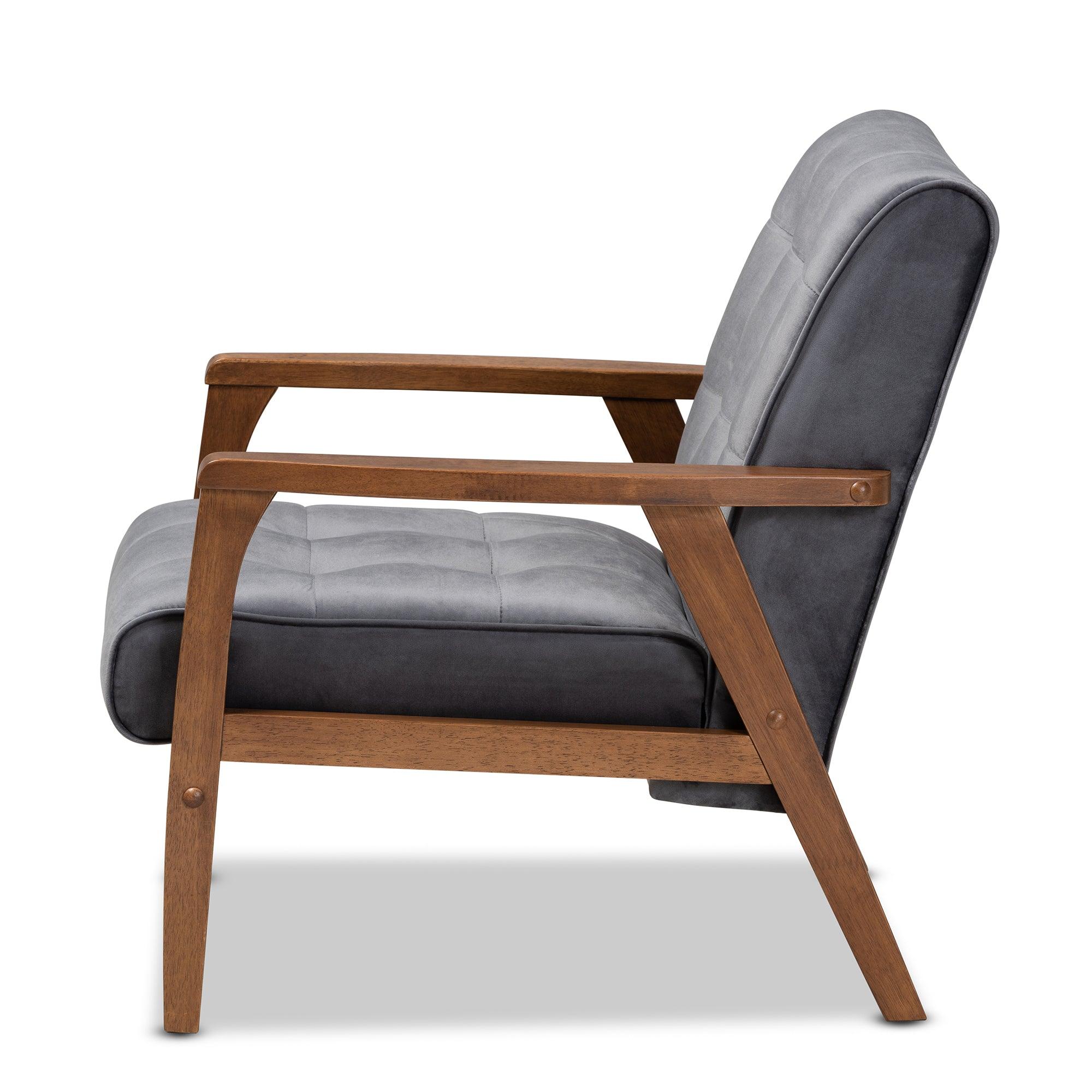 Asta Mid-Century Modern Velvet Fabric Upholstered Finished Wood Armchair