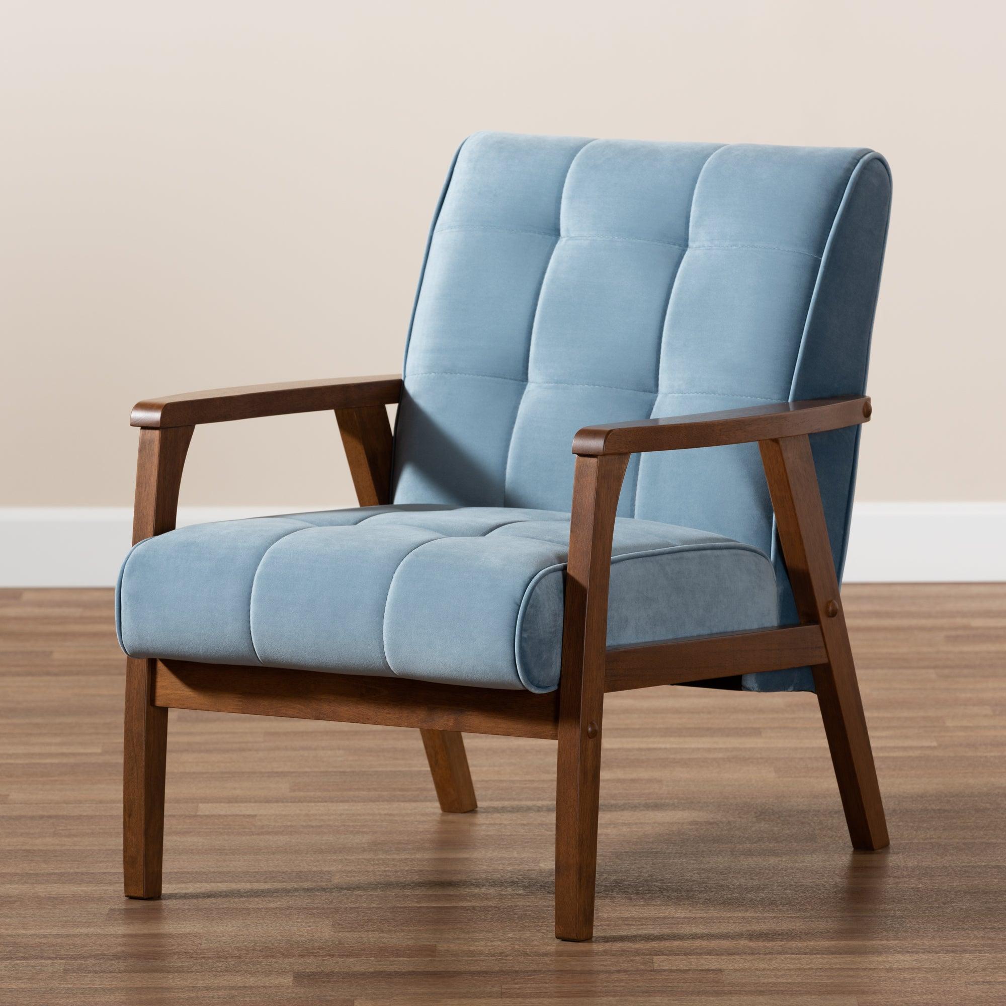 Asta Mid-Century Modern Velvet Fabric Upholstered Finished Wood Armchair