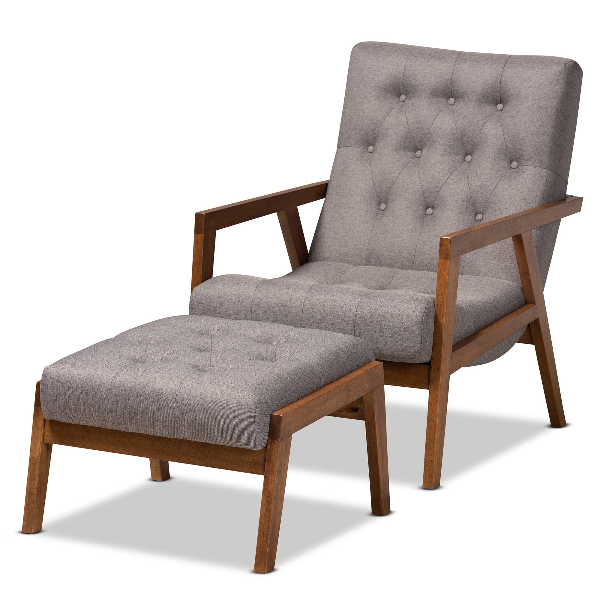 Naeva Mid-Century Modern Fabric Upholstered Finished Wood 2-Piece Armchair and Footstool Set