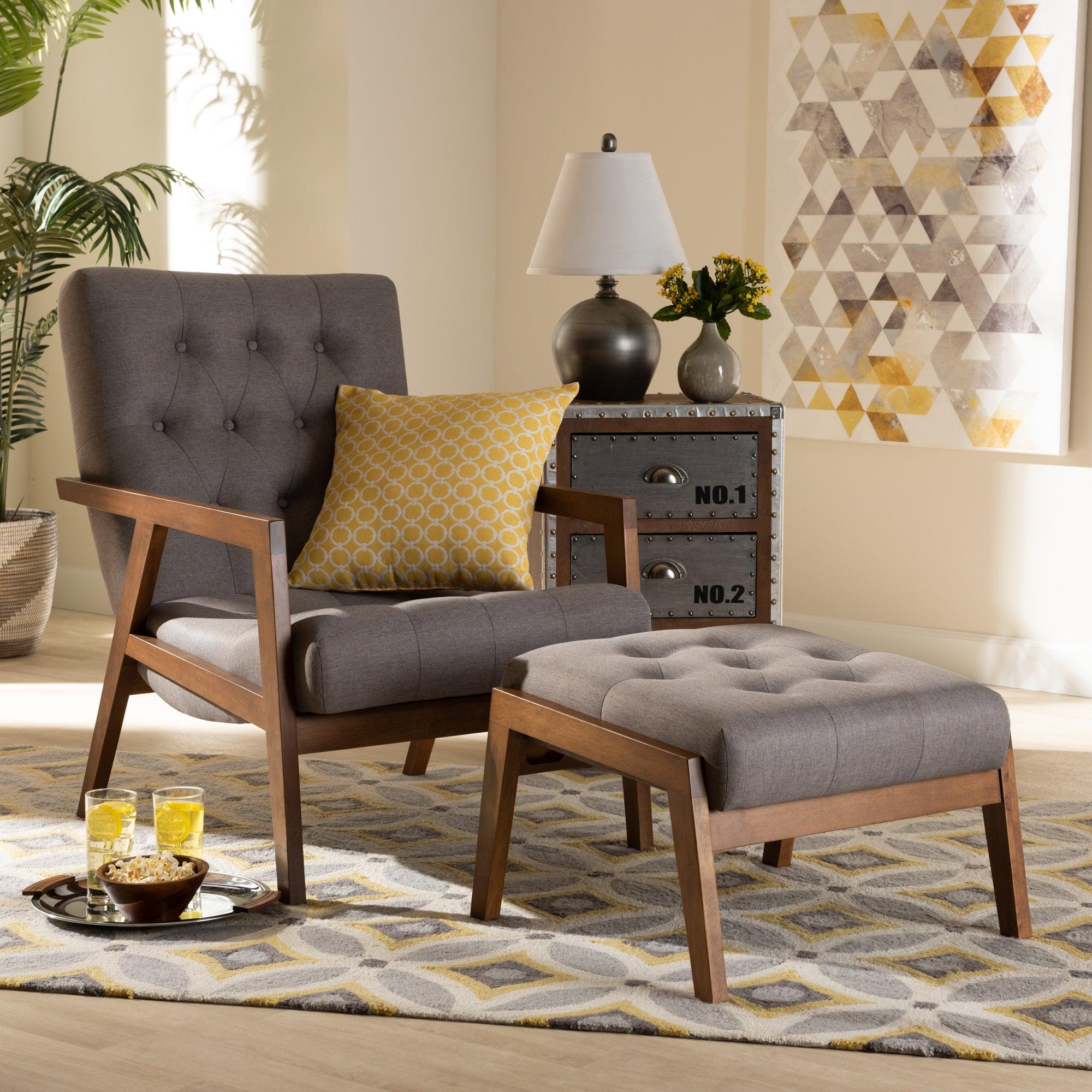 Naeva Mid-Century Modern Fabric Upholstered Finished Wood 2-Piece Armchair and Footstool Set