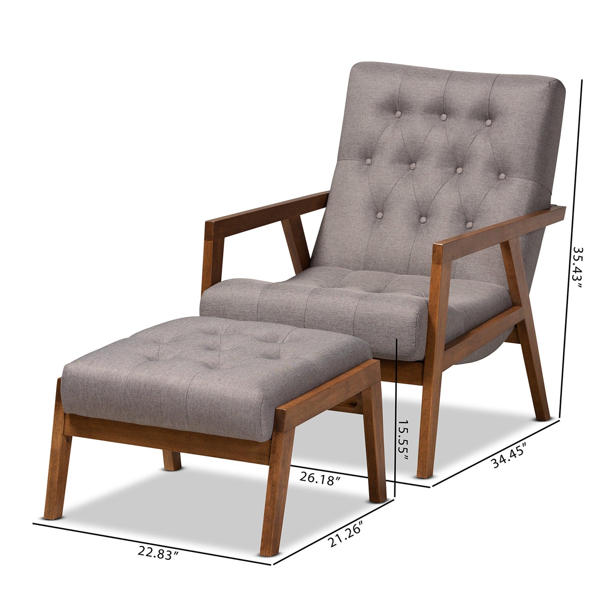 Naeva Mid-Century Modern Fabric Upholstered Finished Wood 2-Piece Armchair and Footstool Set