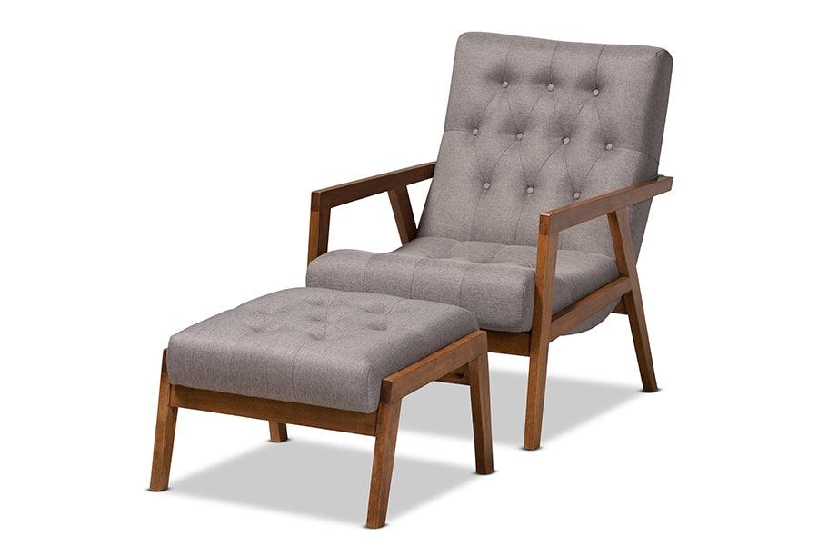 Naeva Mid-Century Modern Fabric Upholstered Finished Wood 2-Piece Armchair and Footstool Set