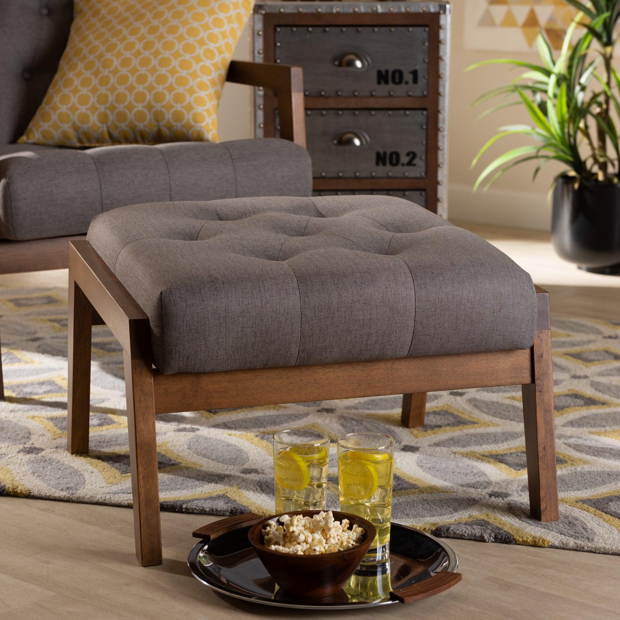 Naeva Mid-Century Modern Fabric Upholstered Finished Wood Footstool