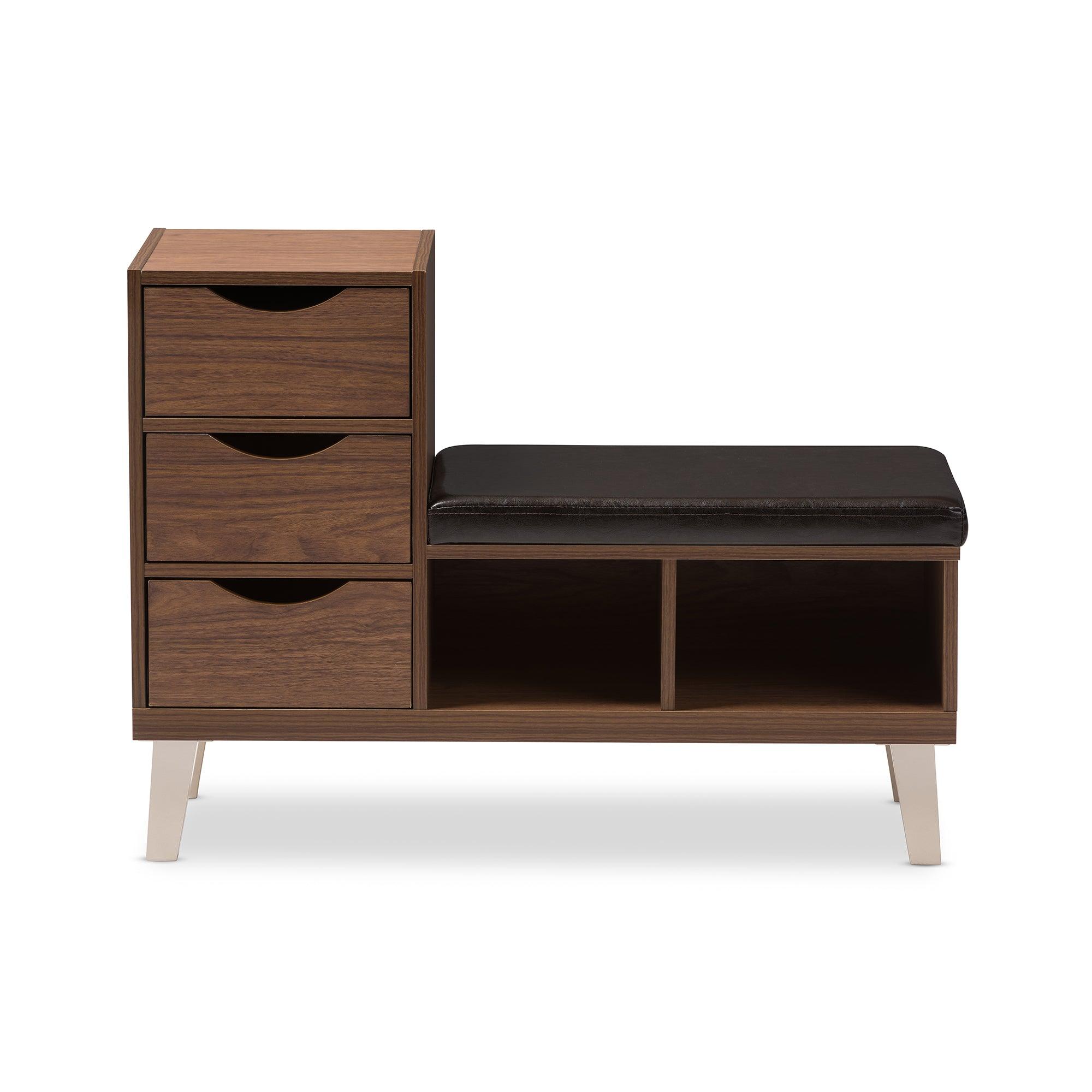 Arielle Modern and Contemporary Wood 3-Drawer Shoe Storage Padded Leatherette Seating Bench with Two Open Shelves