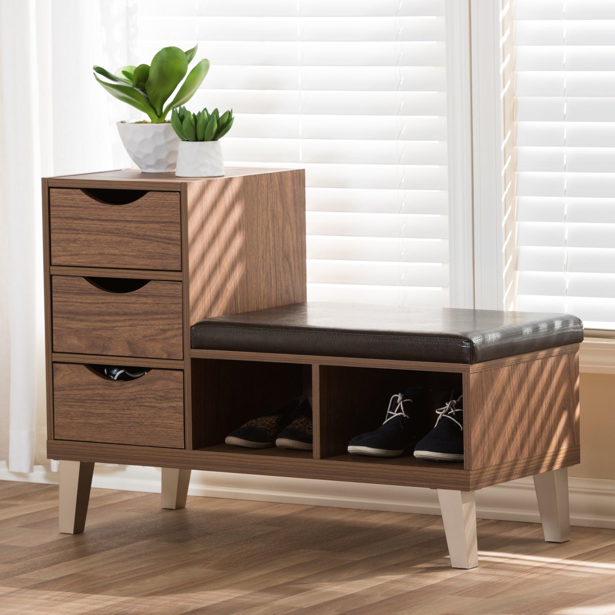 Arielle Modern and Contemporary Wood 3-Drawer Shoe Storage Padded Leatherette Seating Bench with Two Open Shelves