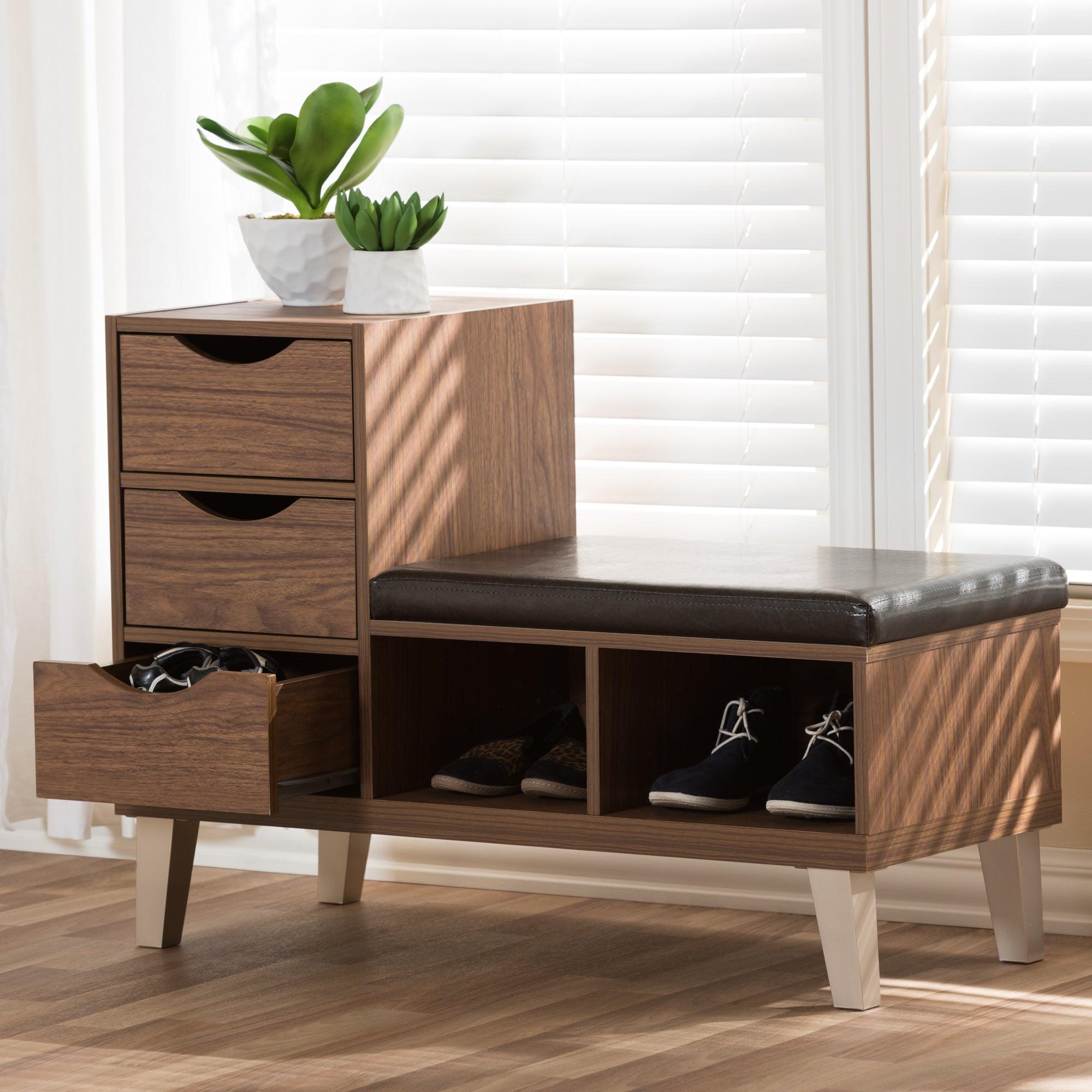 Arielle Modern and Contemporary Wood 3-Drawer Shoe Storage Padded Leatherette Seating Bench with Two Open Shelves