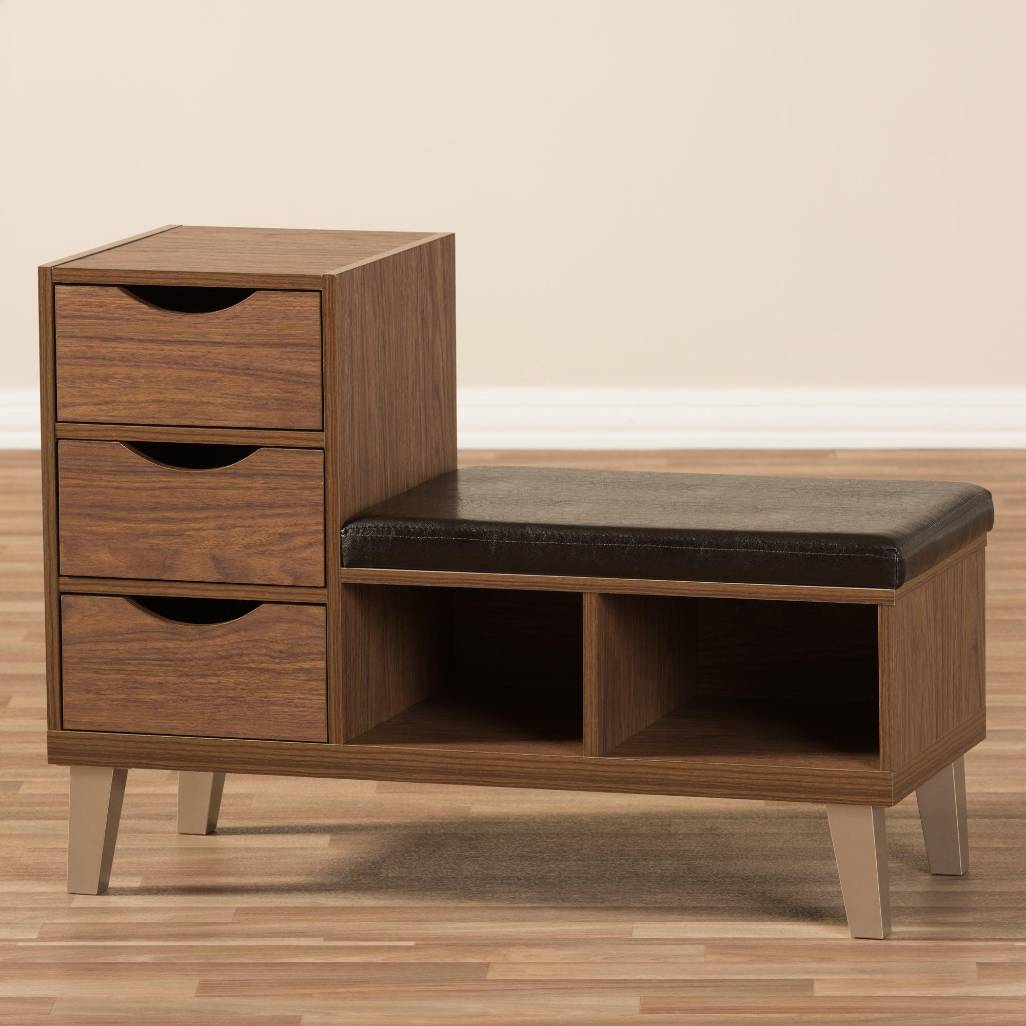 Arielle Modern and Contemporary Wood 3-Drawer Shoe Storage Padded Leatherette Seating Bench with Two Open Shelves