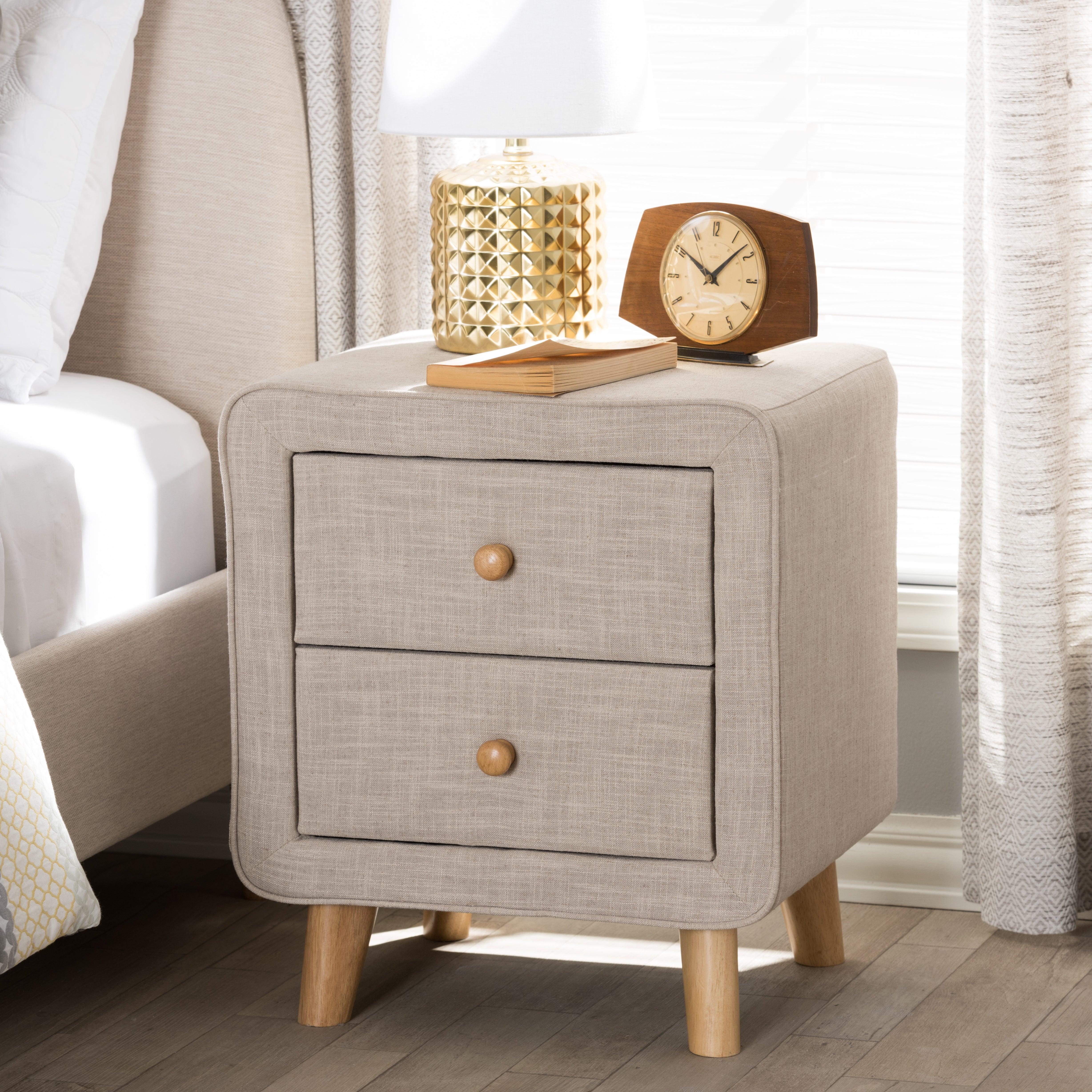 Jonesy Mid-Century Linen Upholstered 2-Drawer Nightstand