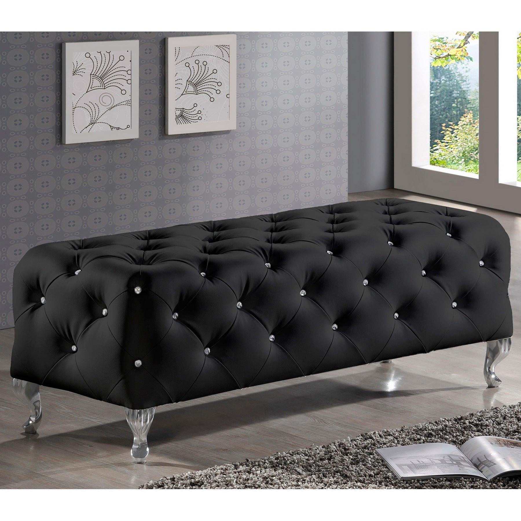 Stella Crystal Tufted Leather Modern Bench