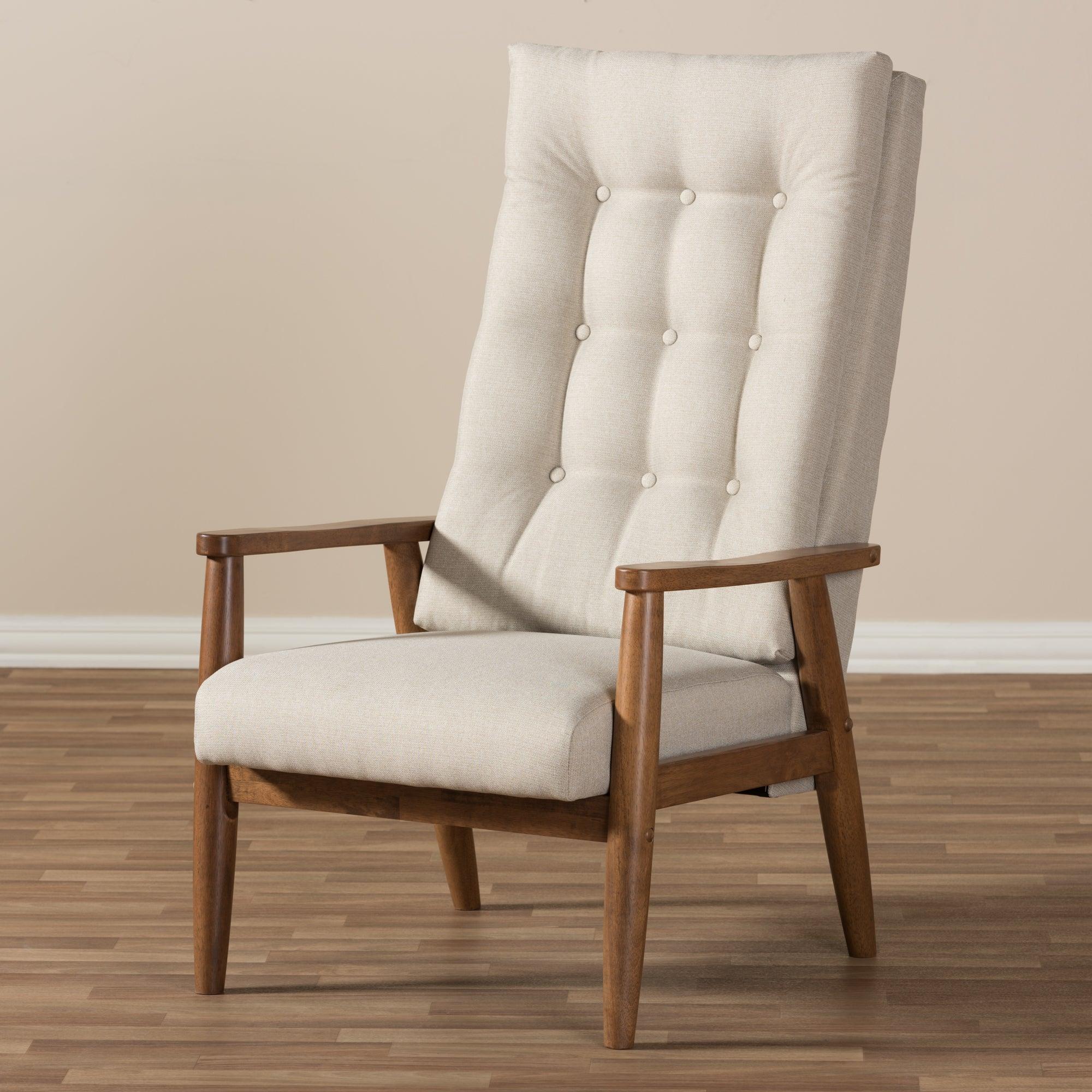 Roxy Mid-Century Modern Finish Wood and Light Fabric Upholstered Button-Tufted High-Back Chair