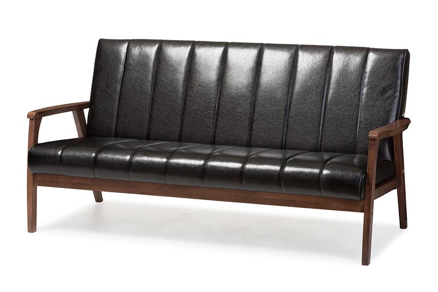 Nikko Mid-century Modern Scandinavian Style Faux Leather Wooden 3-Seater Sofa