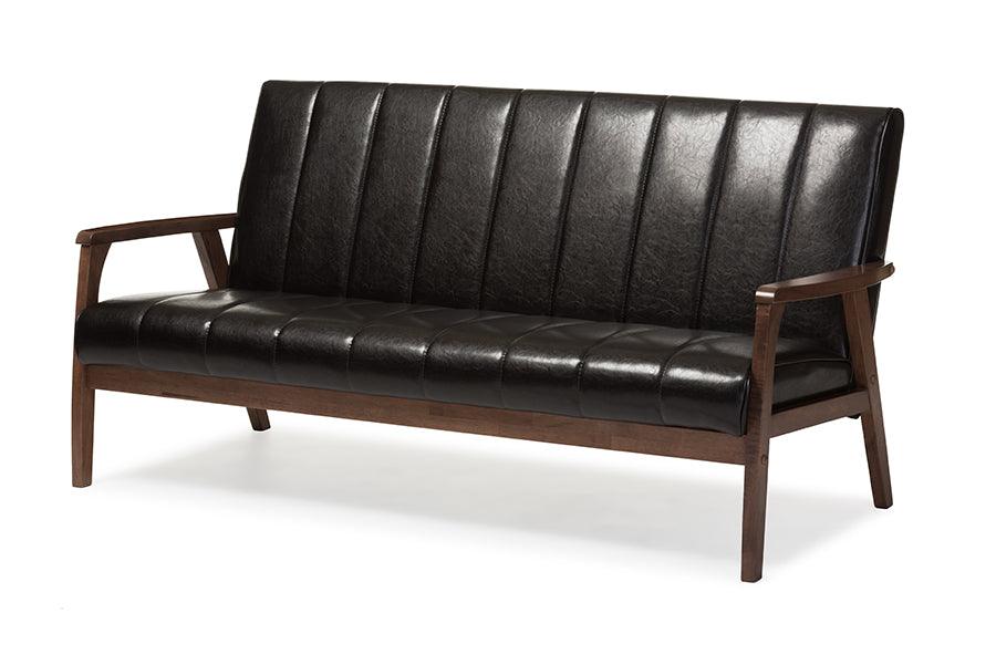 Nikko Mid-century Modern Scandinavian Style Faux Leather Wooden 3-Seater Sofa