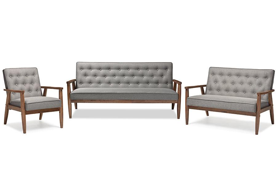 Sorrento Mid-century Retro Modern Fabric Upholstered Wooden 3 Piece Living room Set