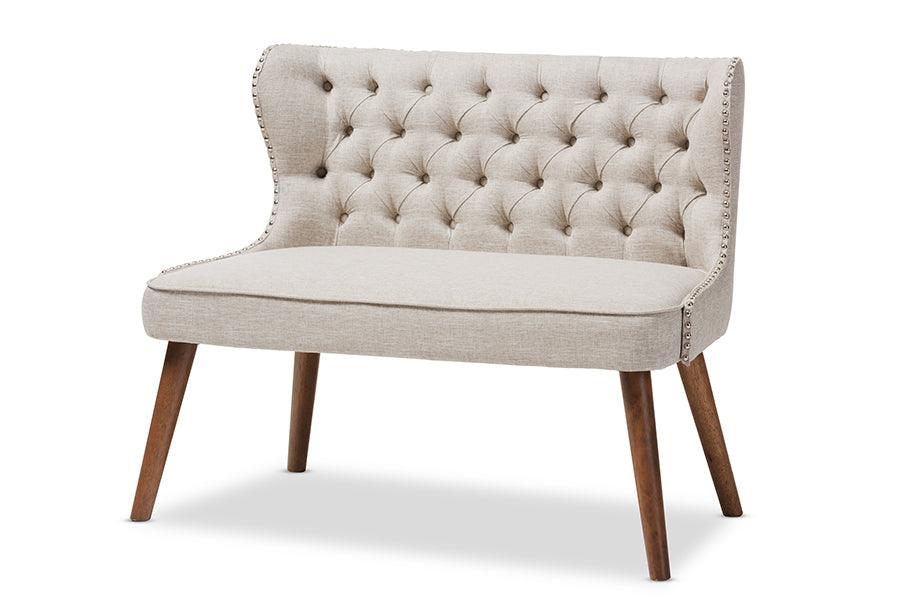 Scarlett Mid-Century Modern Wood and Light Fabric Upholstered Button-Tufting with Nail Heads Trim 2-Seater Loveseat Settee