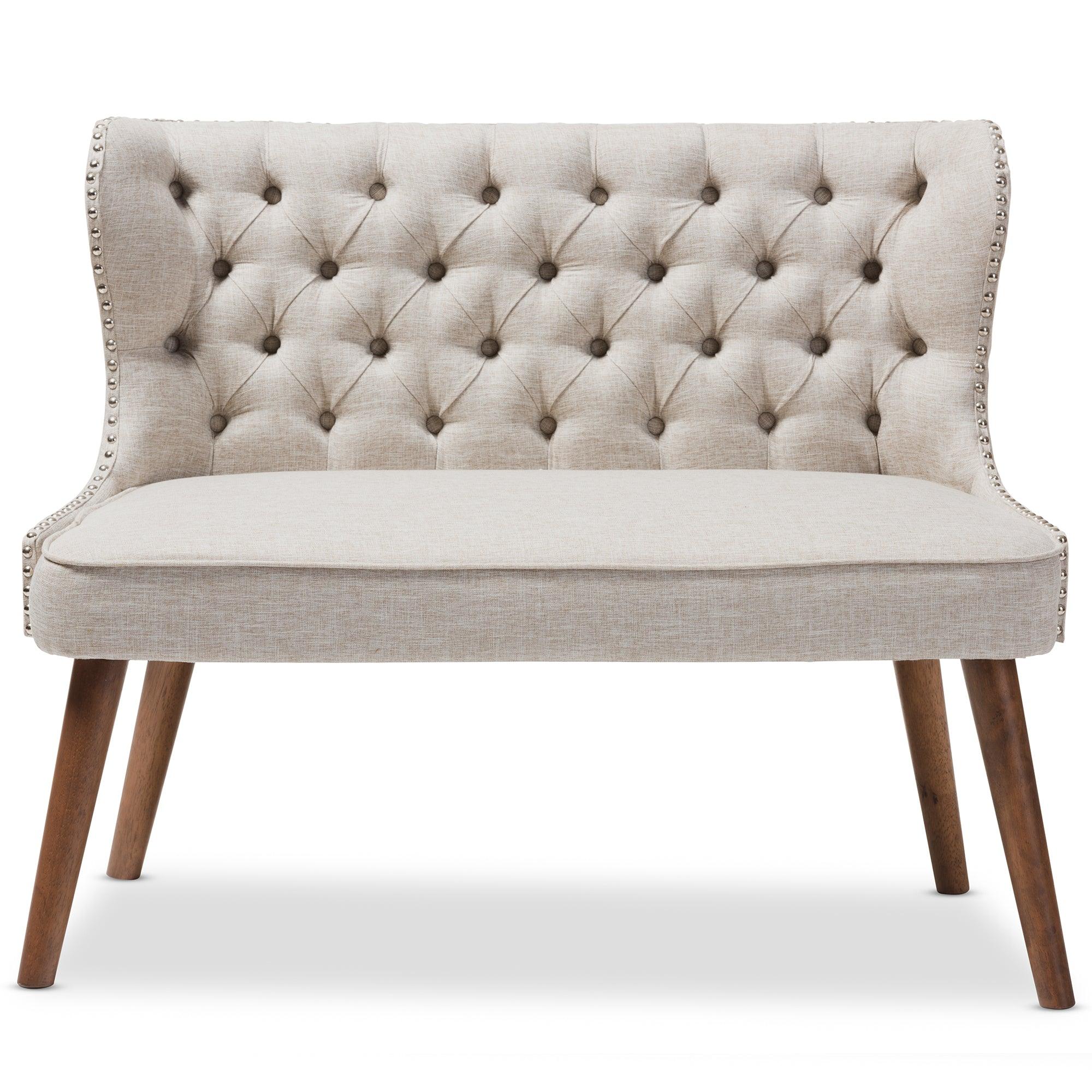 Scarlett Mid-Century Modern Wood and Light Fabric Upholstered Button-Tufting with Nail Heads Trim 2-Seater Loveseat Settee