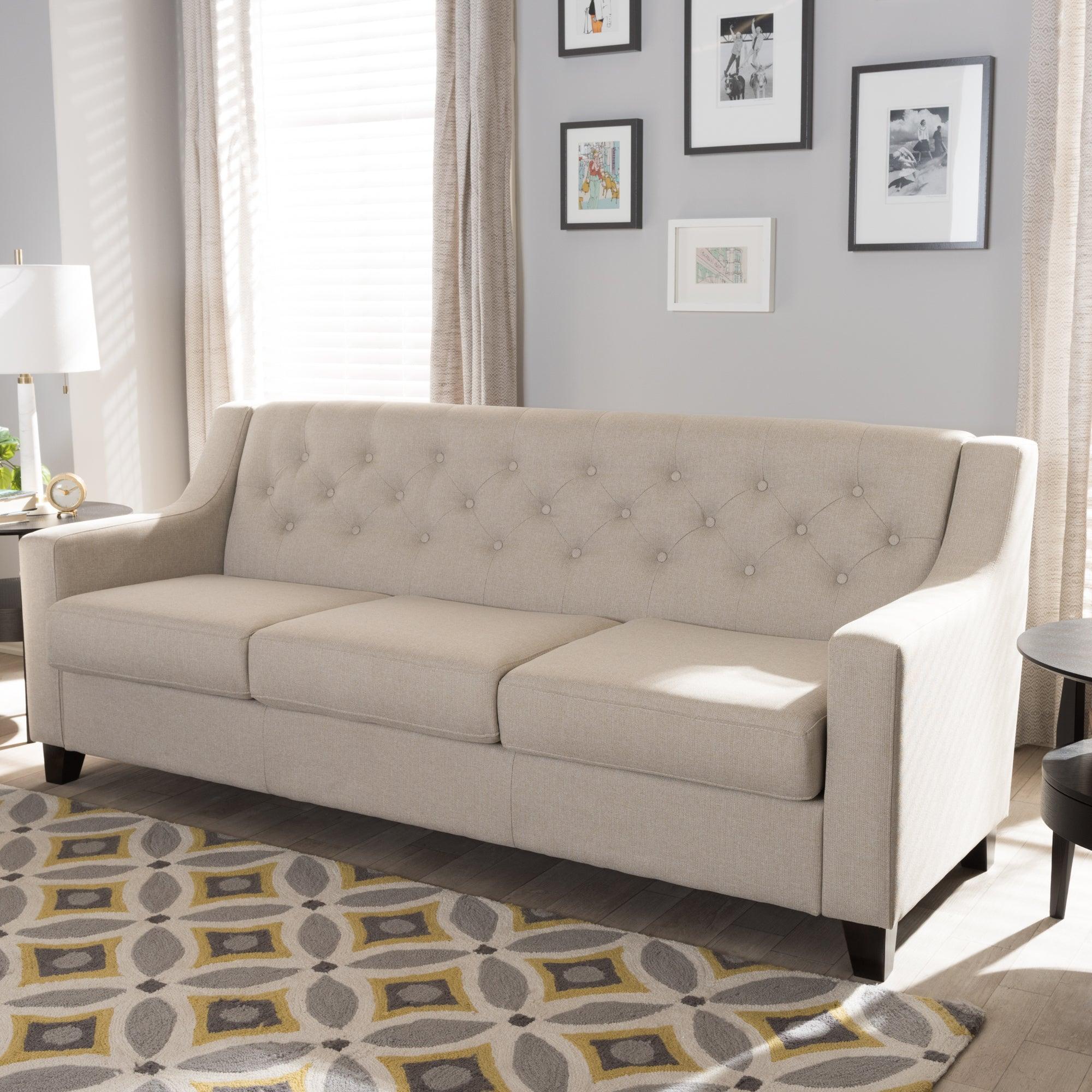 Arcadia Modern and Contemporary Light Fabric Upholstered Button-Tufted Living Room 3-Seater Sofa