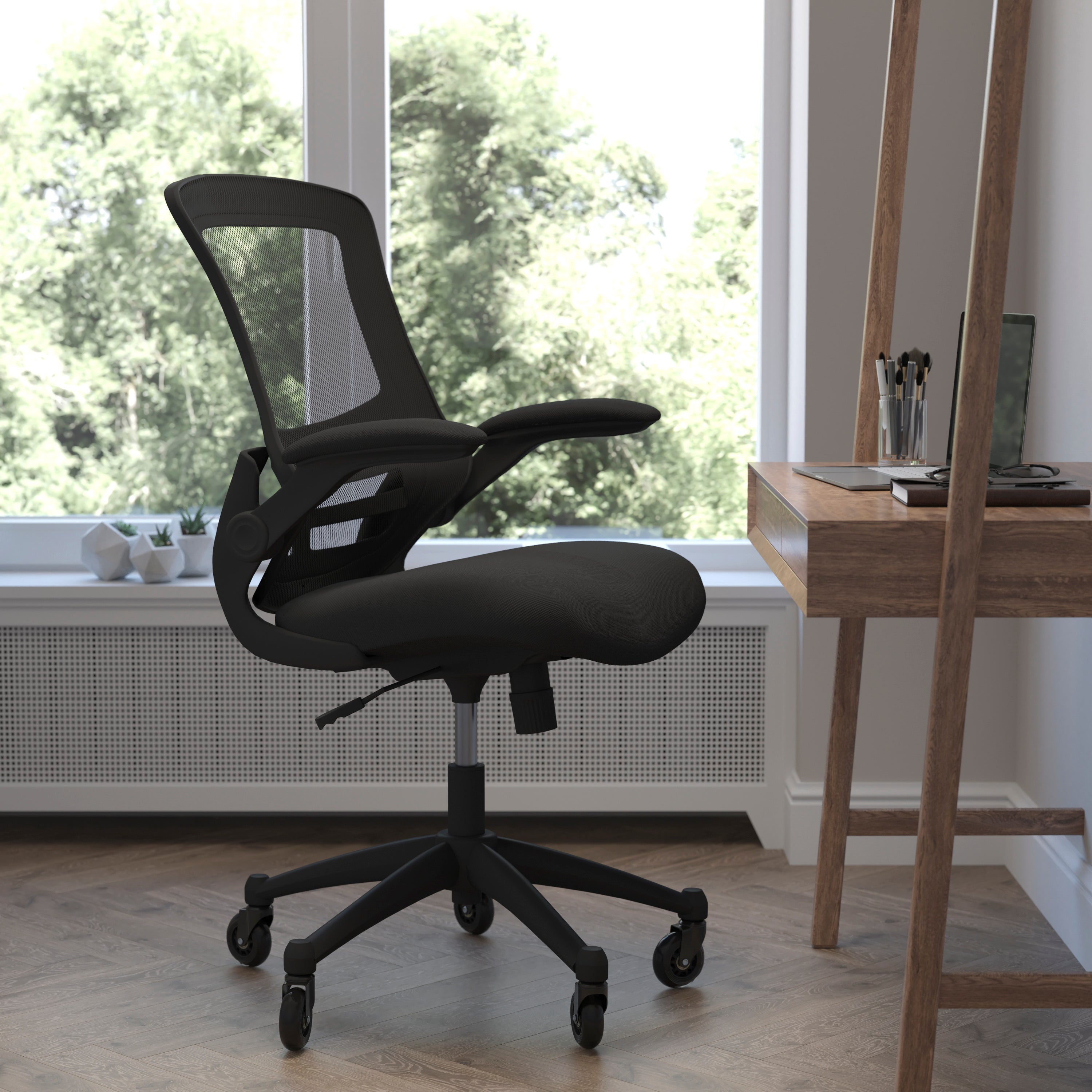 Kelista Mid-Back Swivel Ergonomic Task Office Chair with Flip-Up Arms and Transparent Roller Wheels-Mesh Task Office Chair-Flash Furniture-Wall2Wall Furnishings