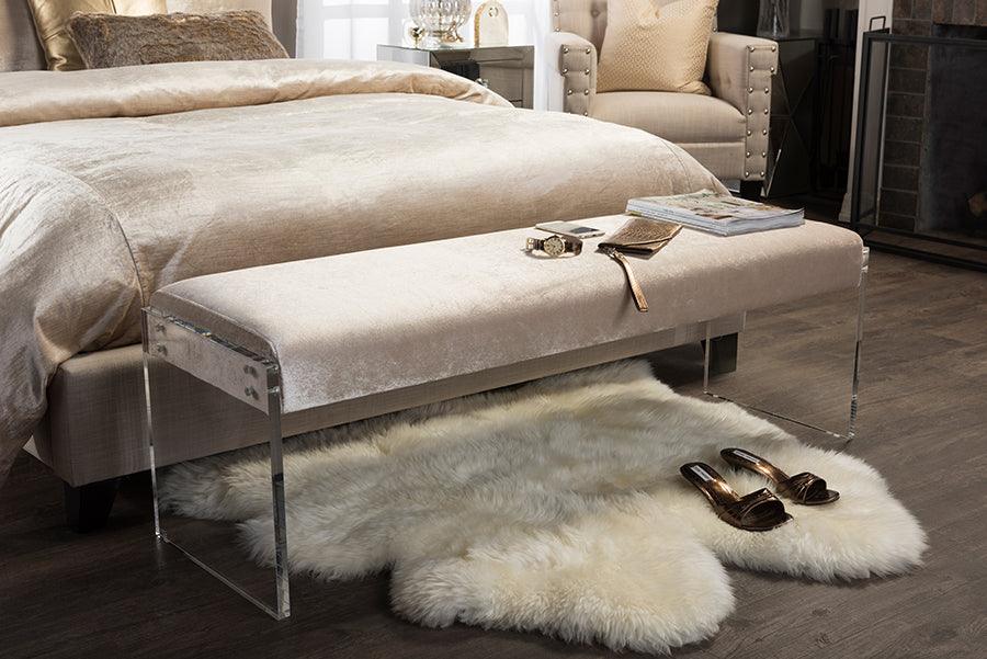 Hildon Modern and Contemporary Microsuede Fabric Upholstered Lux Bench with Paneled Acrylic Legs